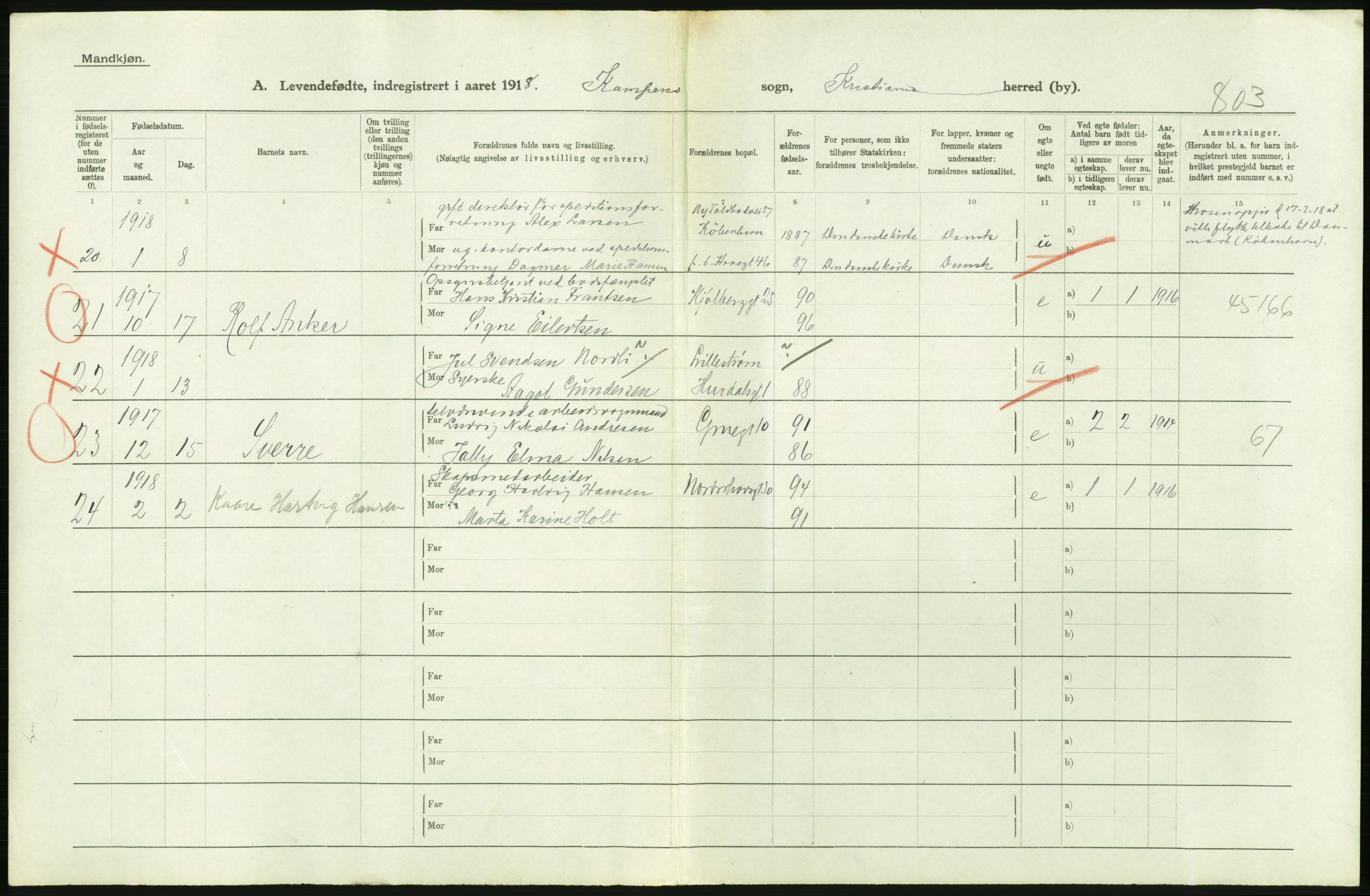 Statistisk sentralbyrå, Sosiodemografiske emner, Befolkning, AV/RA-S-2228/D/Df/Dfb/Dfbh/L0008: Kristiania: Levendefødte menn og kvinner., 1918, p. 310