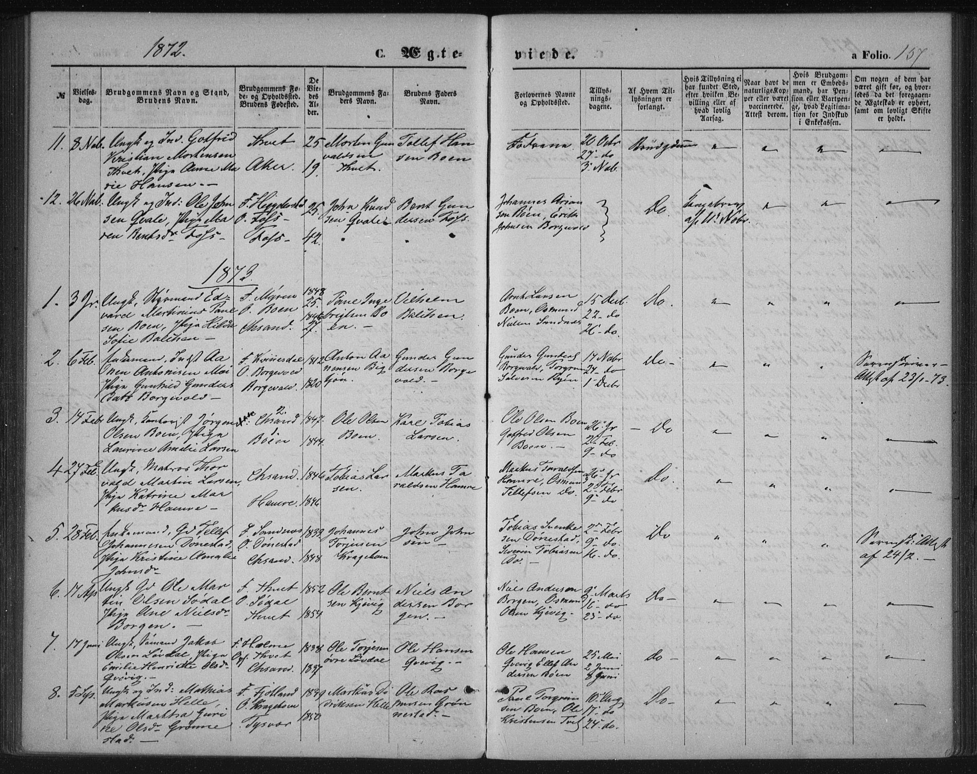 Tveit sokneprestkontor, SAK/1111-0043/F/Fa/L0006: Parish register (official) no. A 6, 1872-1886, p. 157