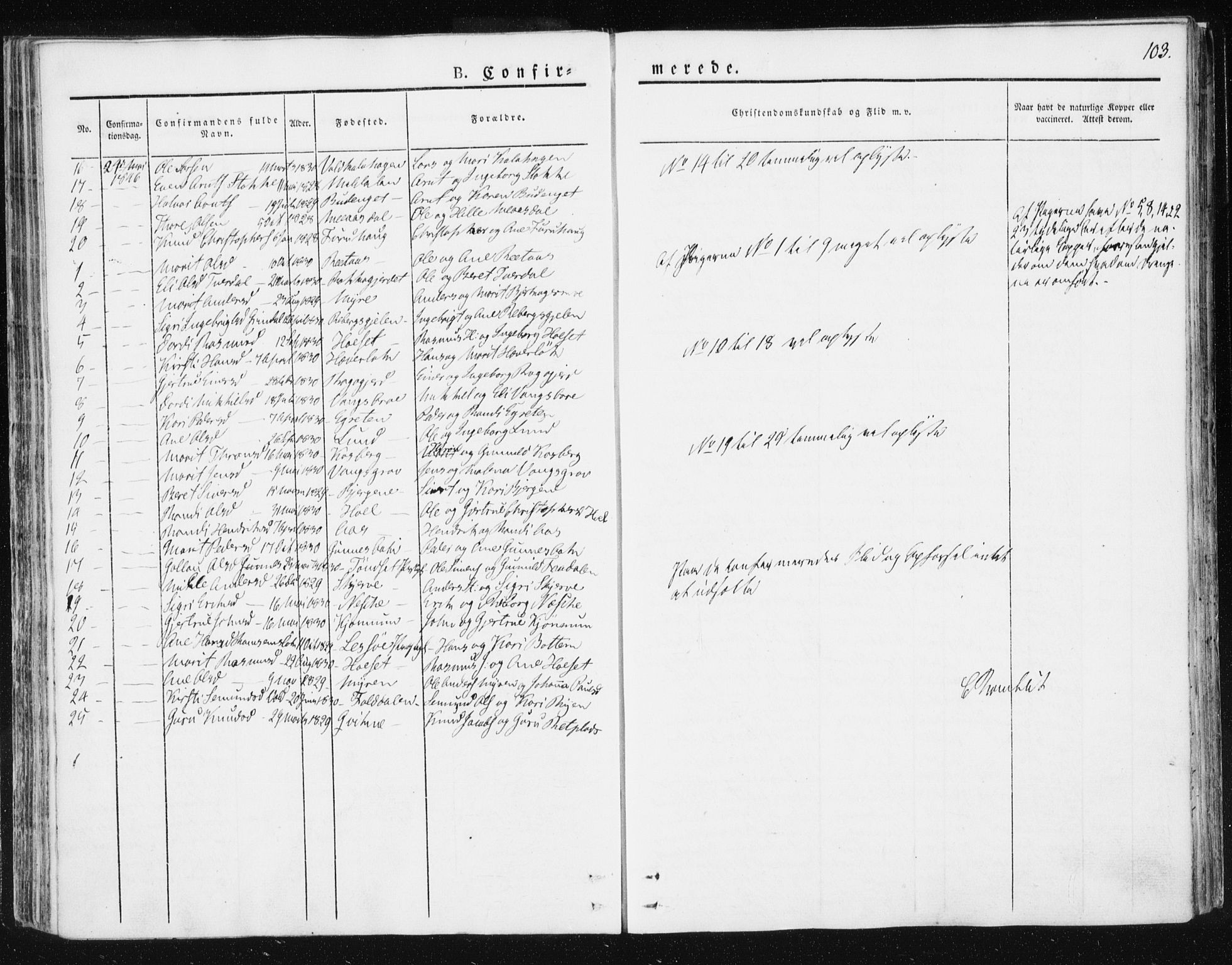 Ministerialprotokoller, klokkerbøker og fødselsregistre - Sør-Trøndelag, SAT/A-1456/674/L0869: Parish register (official) no. 674A01, 1829-1860, p. 103