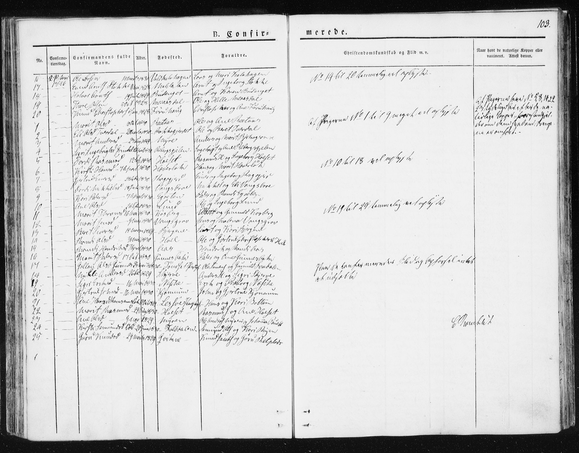 Ministerialprotokoller, klokkerbøker og fødselsregistre - Sør-Trøndelag, AV/SAT-A-1456/674/L0869: Parish register (official) no. 674A01, 1829-1860, p. 103