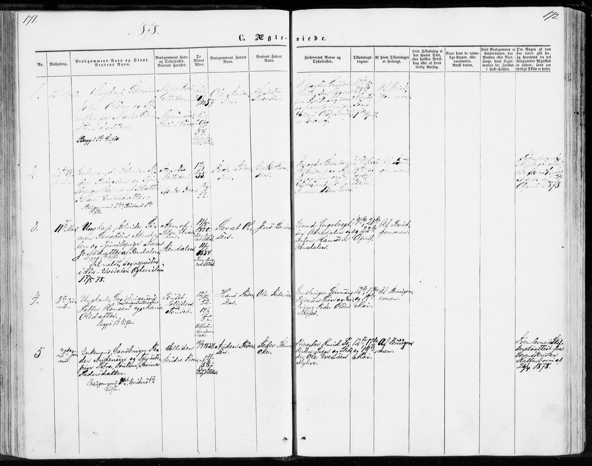 Sollia prestekontor, SAH/PREST-050/H/Ha/Haa/L0001: Parish register (official) no. 1, 1856-1885, p. 171-172