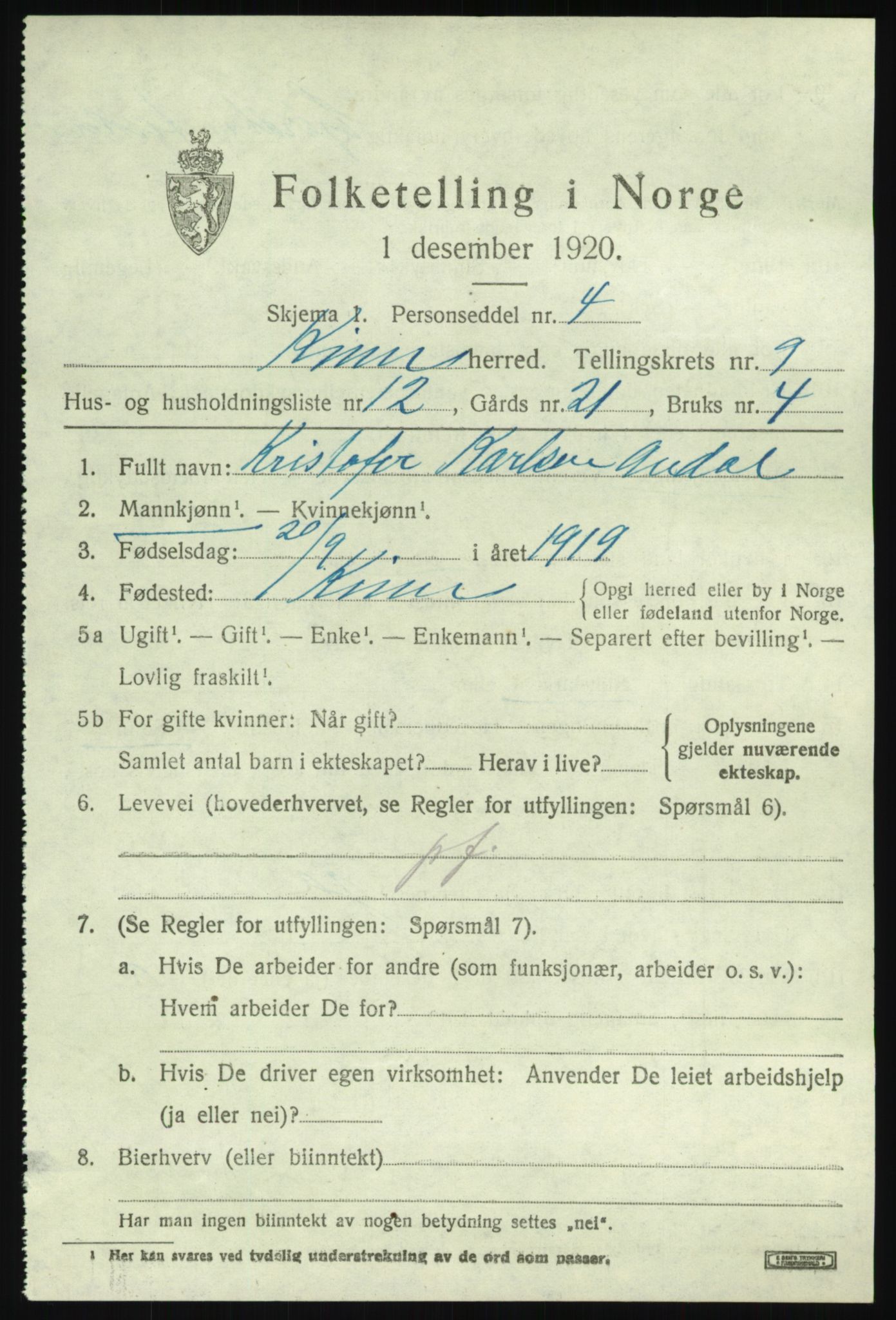 SAB, 1920 census for Kinn, 1920, p. 3433