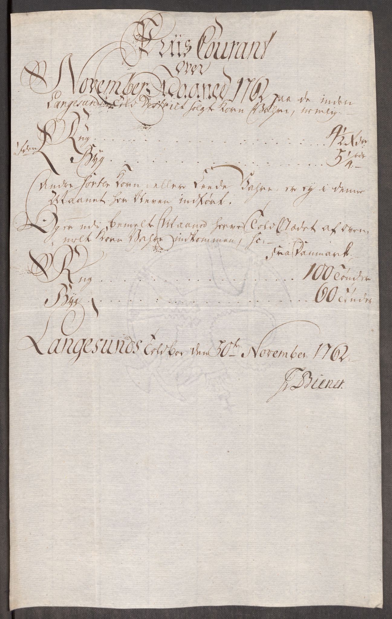Rentekammeret inntil 1814, Realistisk ordnet avdeling, AV/RA-EA-4070/Oe/L0007: [Ø1]: Priskuranter, 1761-1763, p. 448