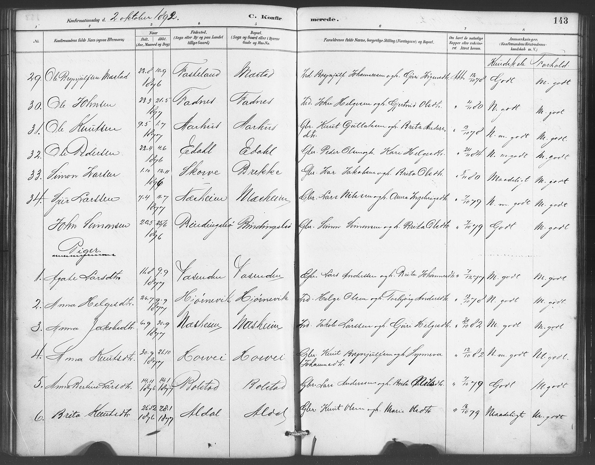 Evanger sokneprestembete, SAB/A-99924: Parish register (copy) no. A 4, 1887-1897, p. 143