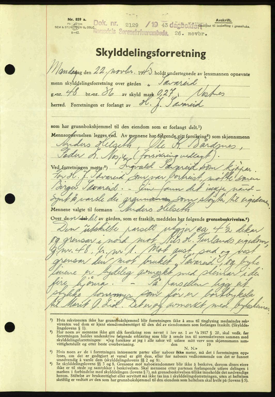 Romsdal sorenskriveri, AV/SAT-A-4149/1/2/2C: Mortgage book no. A15, 1943-1944, Diary no: : 2129/1943