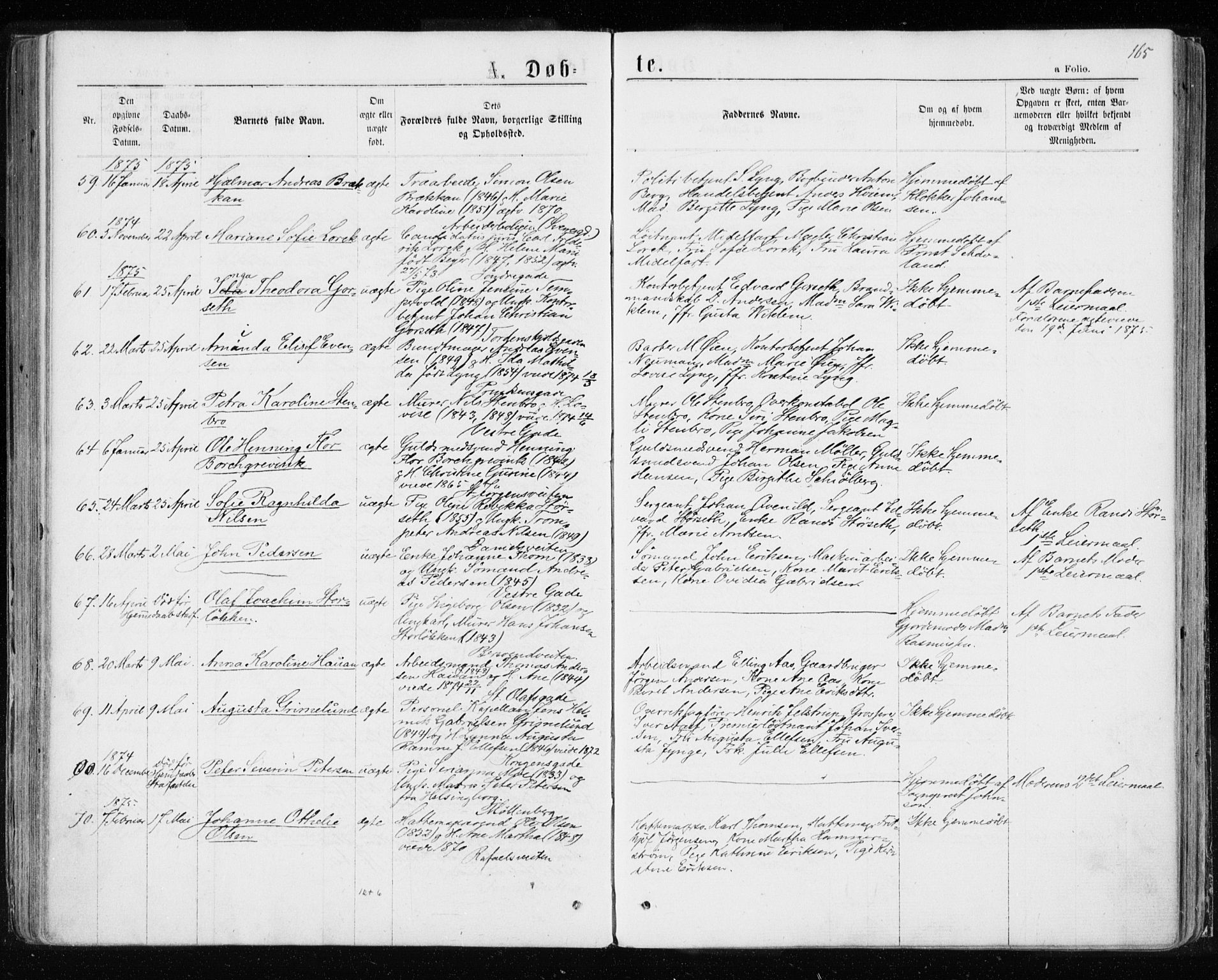 Ministerialprotokoller, klokkerbøker og fødselsregistre - Sør-Trøndelag, SAT/A-1456/601/L0054: Parish register (official) no. 601A22, 1866-1877, p. 165