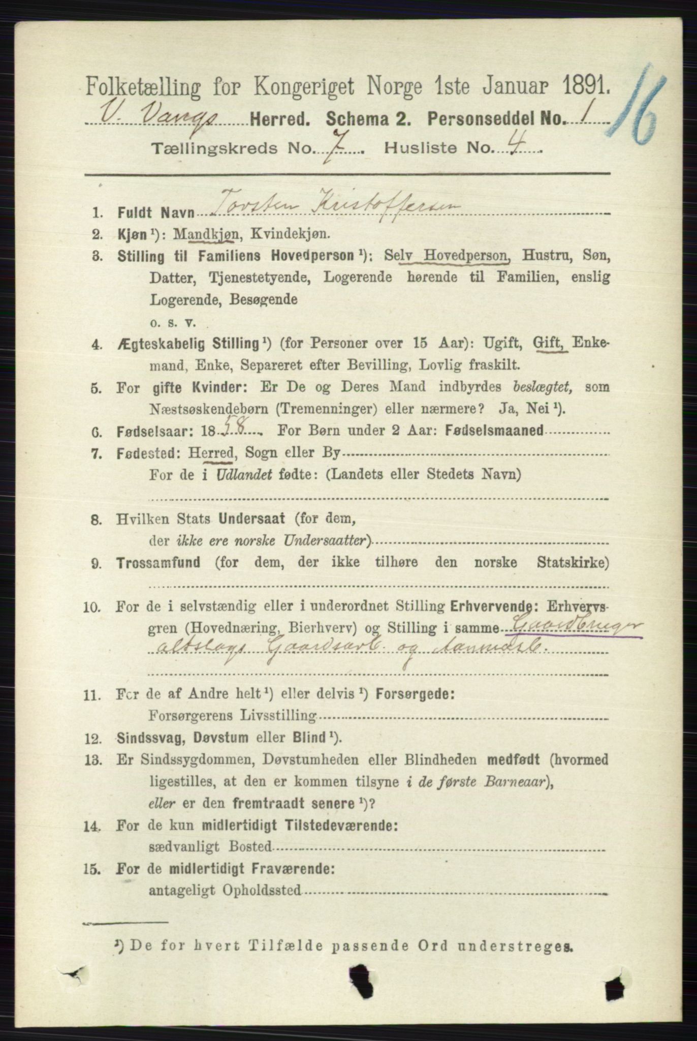 RA, 1891 census for 0545 Vang, 1891, p. 1439