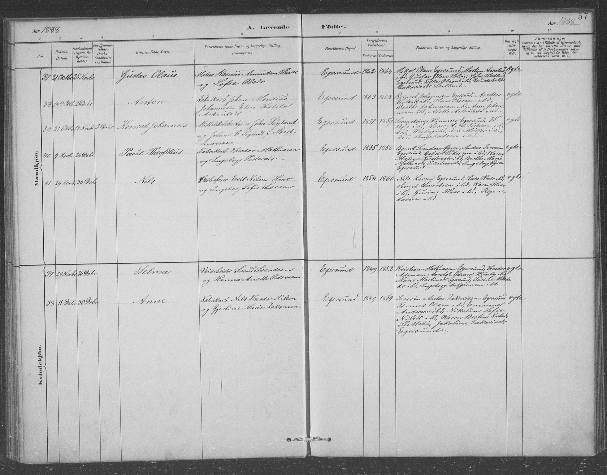 Eigersund sokneprestkontor, AV/SAST-A-101807/S09/L0008: Parish register (copy) no. B 8, 1882-1892, p. 57