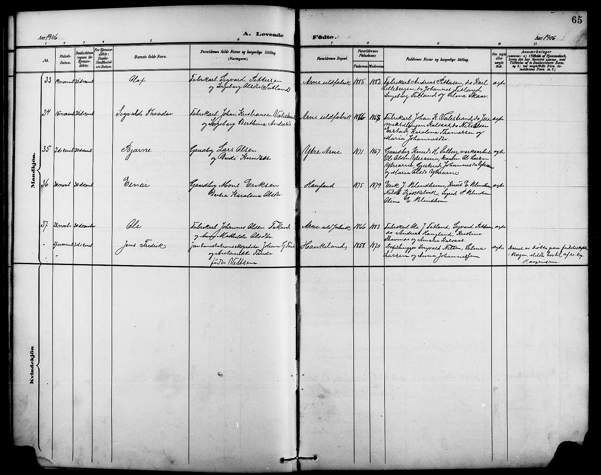 Arna sokneprestembete, AV/SAB-A-74001/H/Ha/Hab: Parish register (copy) no. A 4, 1898-1910, p. 65