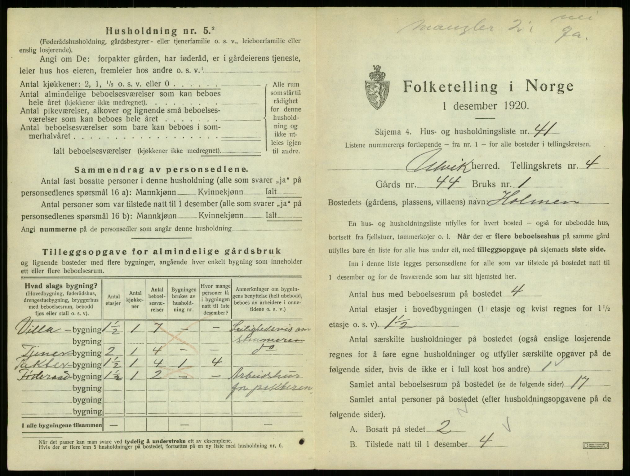 SAB, 1920 census for Ulvik, 1920, p. 43