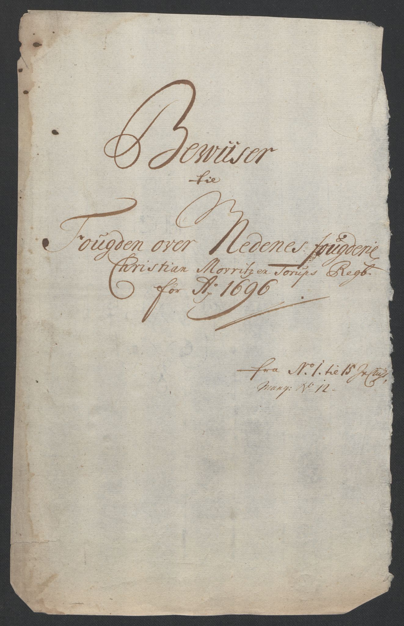 Rentekammeret inntil 1814, Reviderte regnskaper, Fogderegnskap, RA/EA-4092/R39/L2313: Fogderegnskap Nedenes, 1696-1697, p. 16