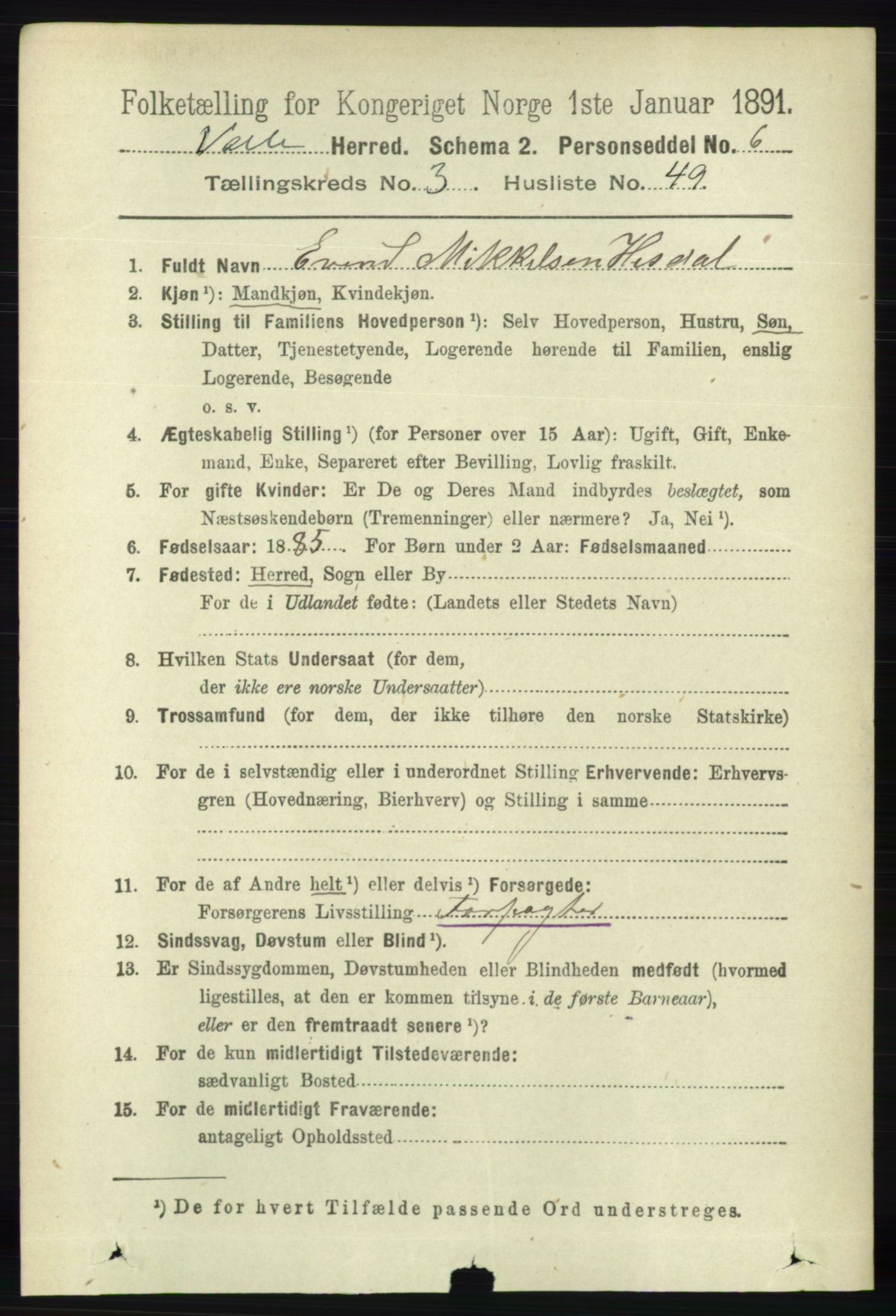 RA, 1891 census for 0940 Valle, 1891, p. 948