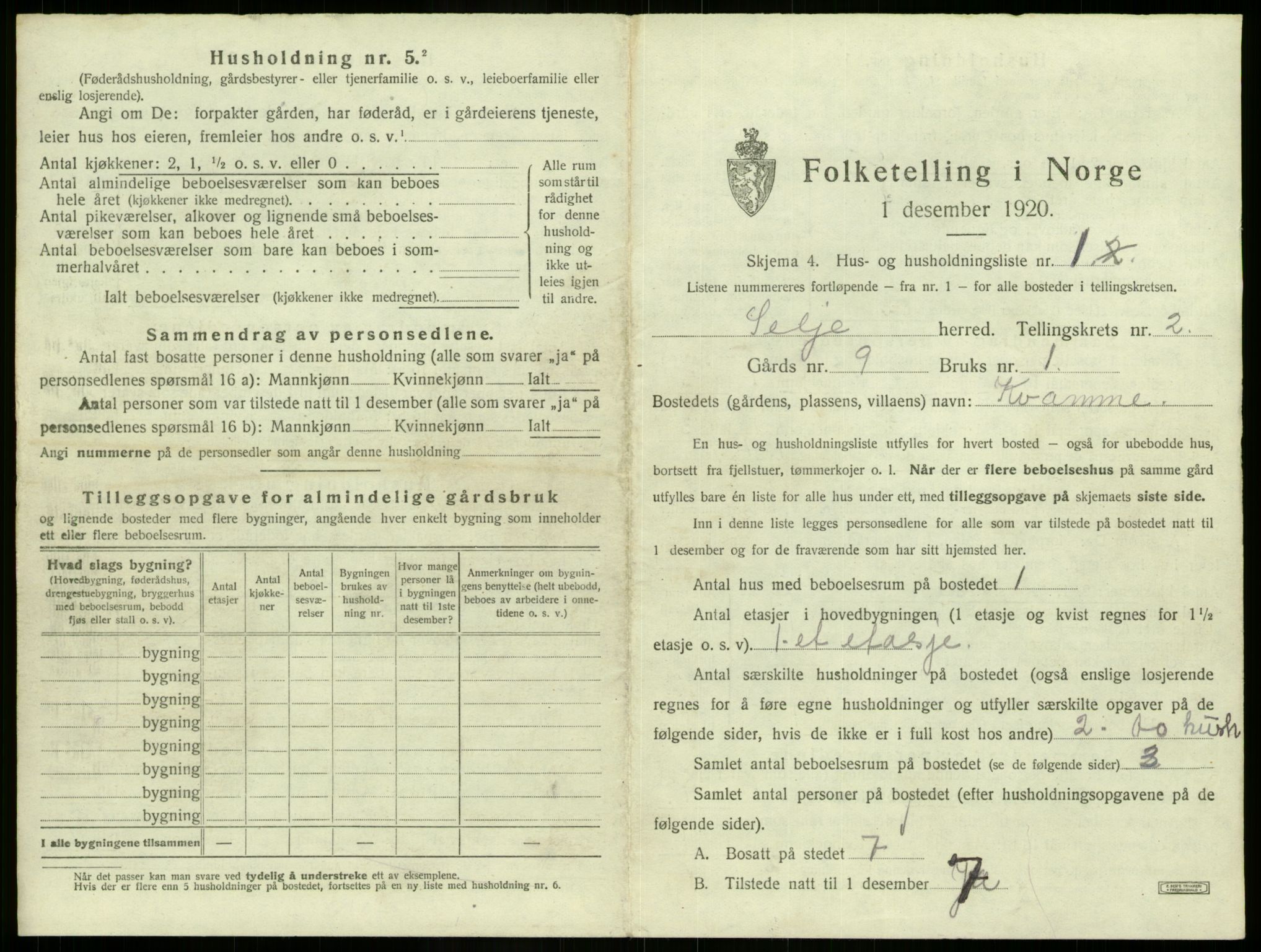 SAB, 1920 census for Selje, 1920, p. 130