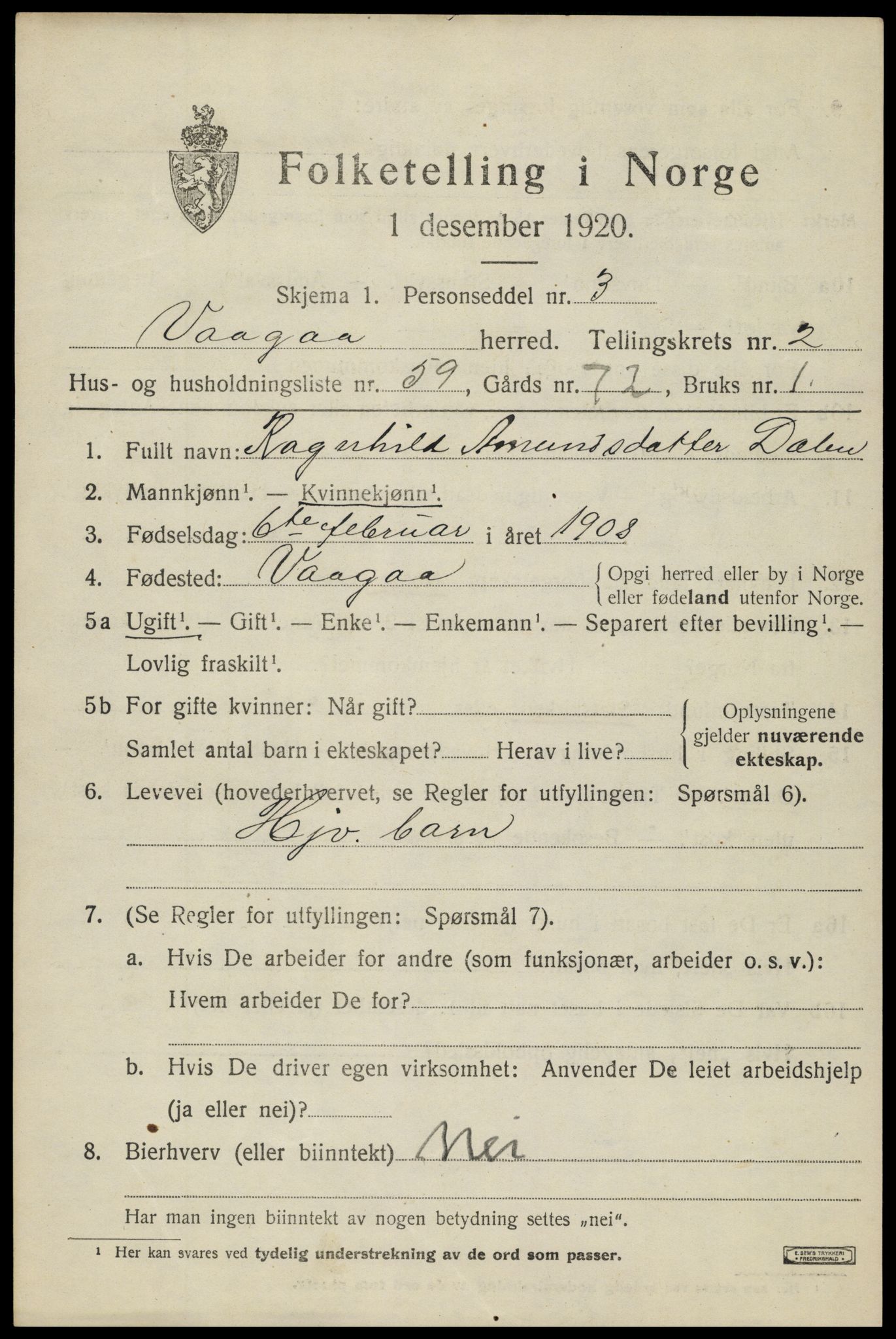 SAH, 1920 census for Vågå, 1920, p. 2666