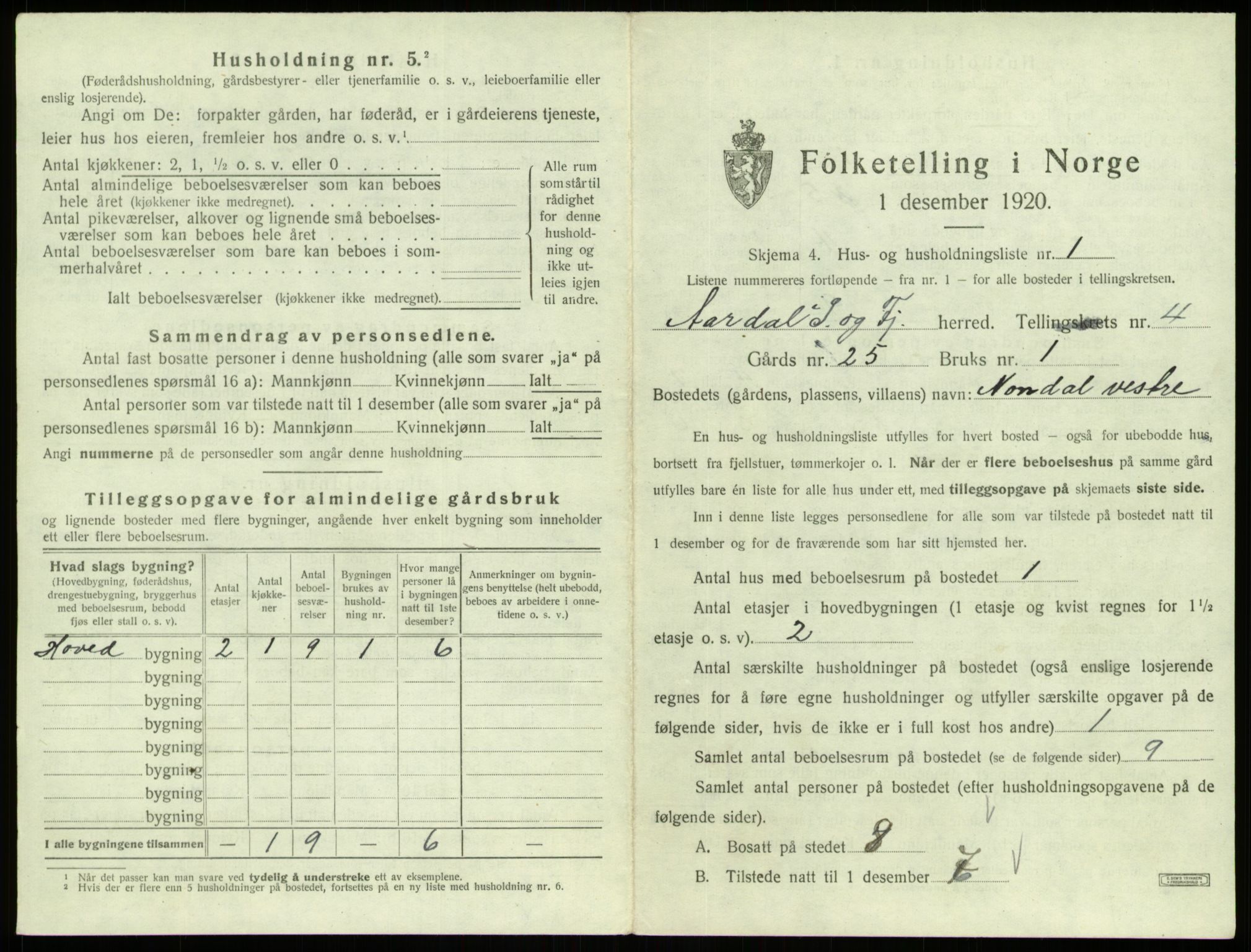 SAB, 1920 census for Årdal, 1920, p. 339