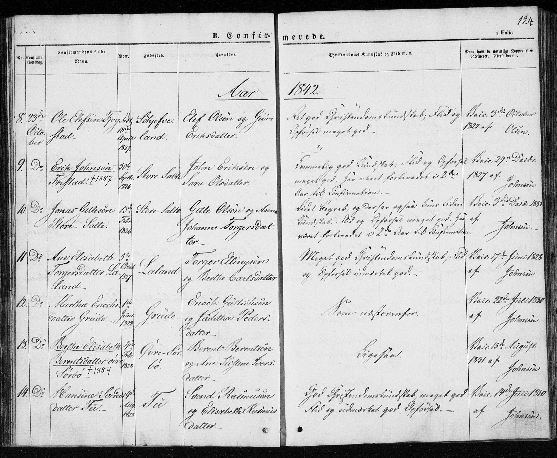 Klepp sokneprestkontor, SAST/A-101803/001/3/30BA/L0004: Parish register (official) no. A 4, 1842-1852, p. 124