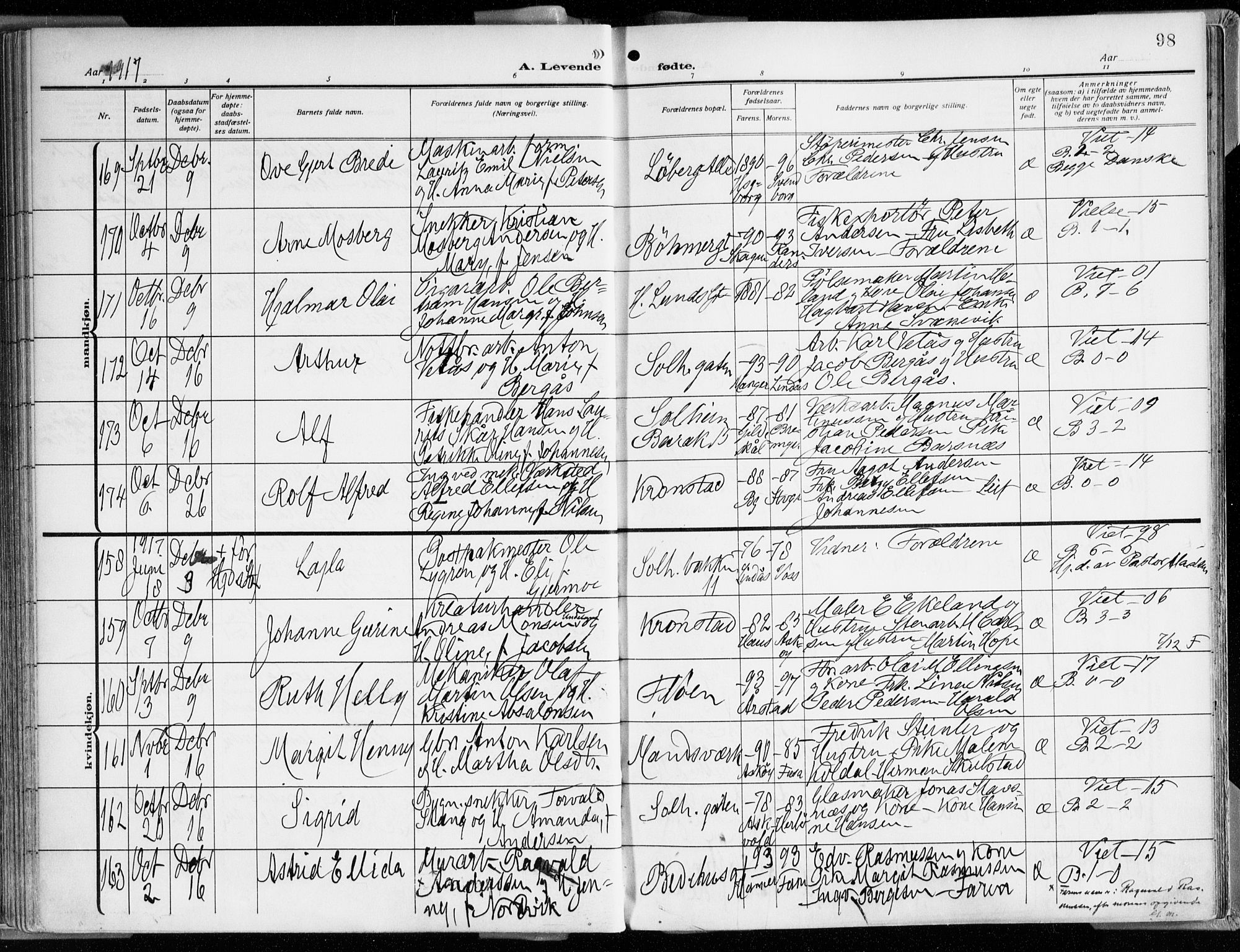 Årstad Sokneprestembete, AV/SAB-A-79301/H/Haa/L0003: Parish register (official) no. A 3, 1914-1919, p. 98