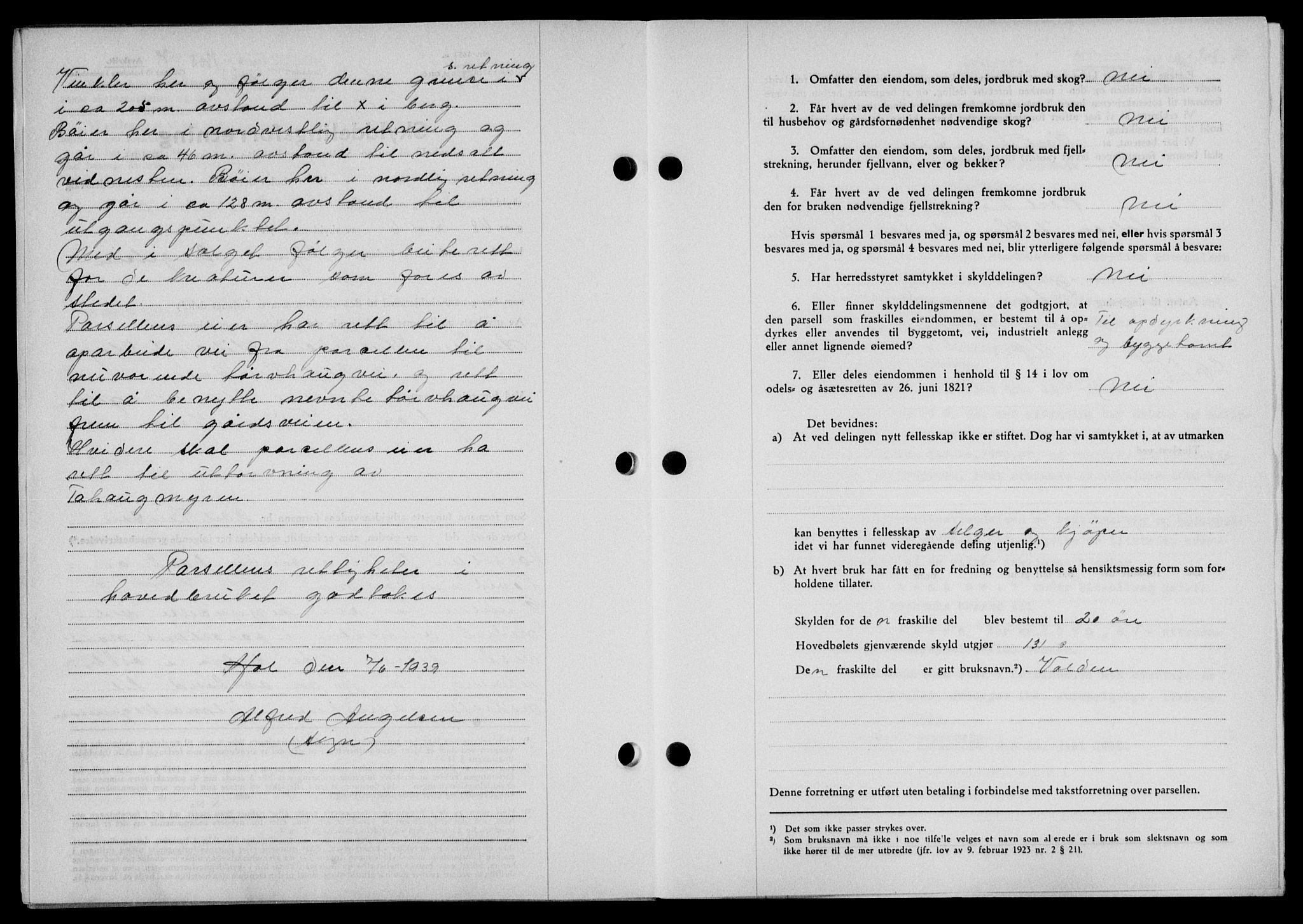 Lofoten sorenskriveri, SAT/A-0017/1/2/2C/L0005a: Mortgage book no. 5a, 1939-1939, Diary no: : 1305/1939