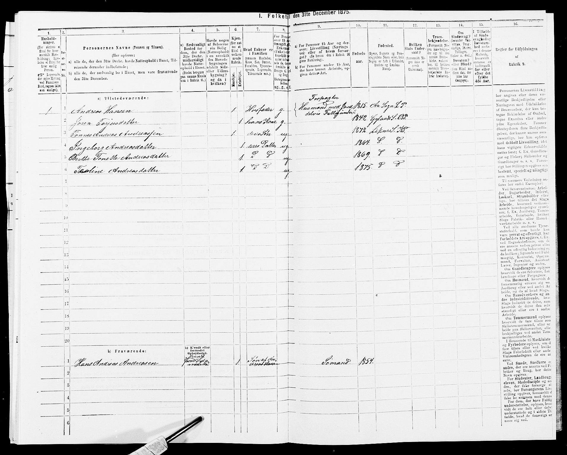 SAK, 1875 census for 1037P Kvinesdal, 1875, p. 909