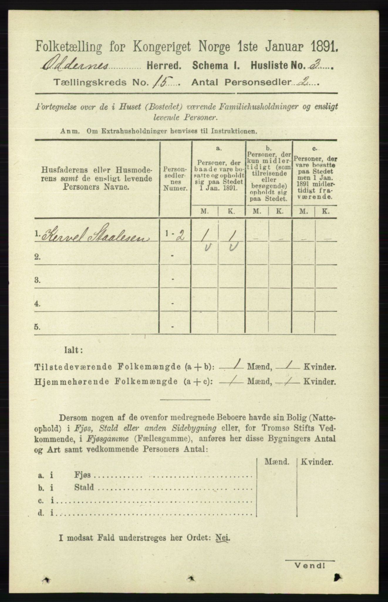 RA, 1891 census for 1012 Oddernes, 1891, p. 5012