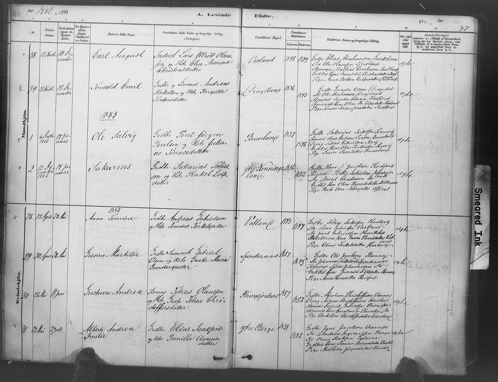 Lyngdal sokneprestkontor, AV/SAK-1111-0029/F/Fa/Fac/L0011: Parish register (official) no. A 11, 1878-1893, p. 47