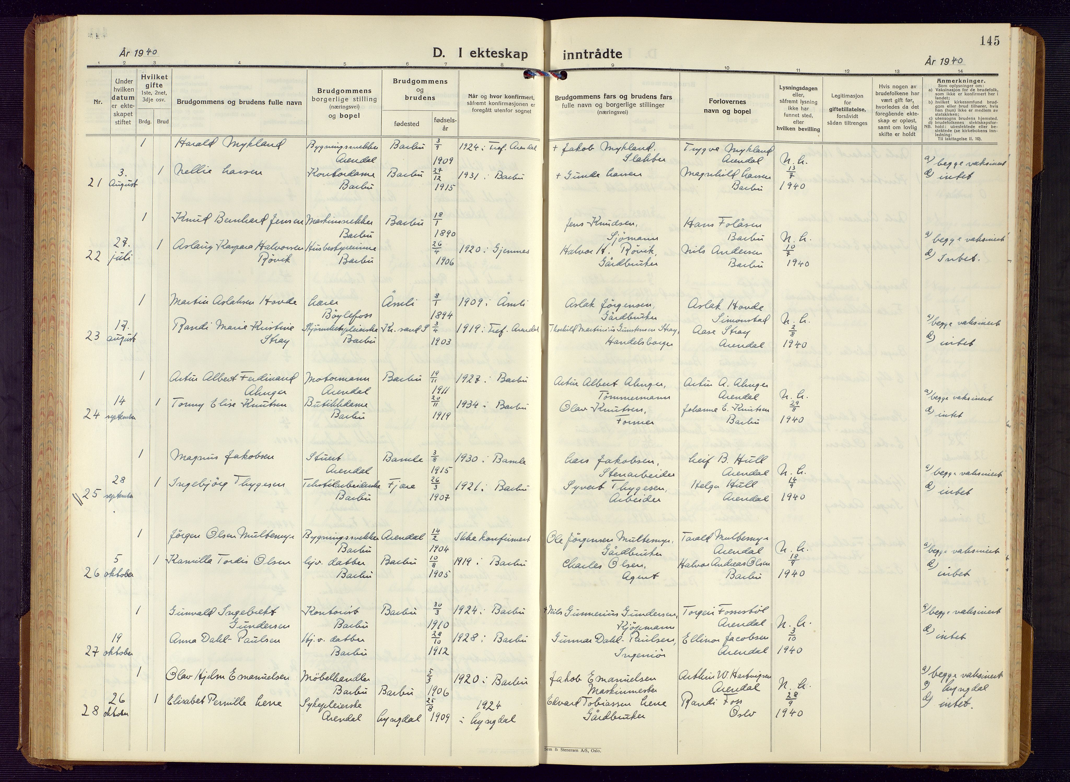 Barbu sokneprestkontor, AV/SAK-1111-0003/F/Fb/L0006: Parish register (copy) no. B 6, 1937-1947, p. 145