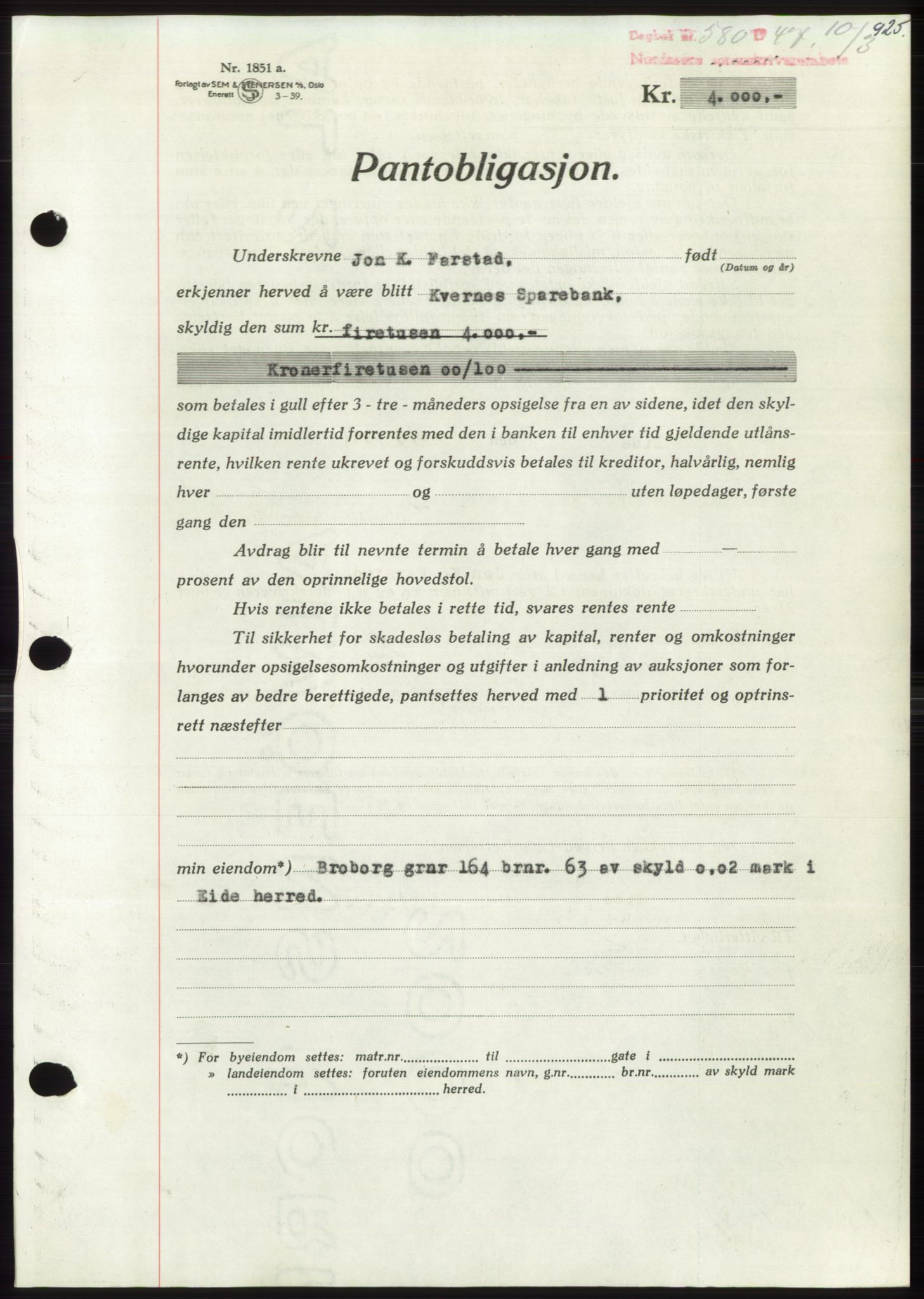 Nordmøre sorenskriveri, AV/SAT-A-4132/1/2/2Ca: Mortgage book no. B95, 1946-1947, Diary no: : 580/1947