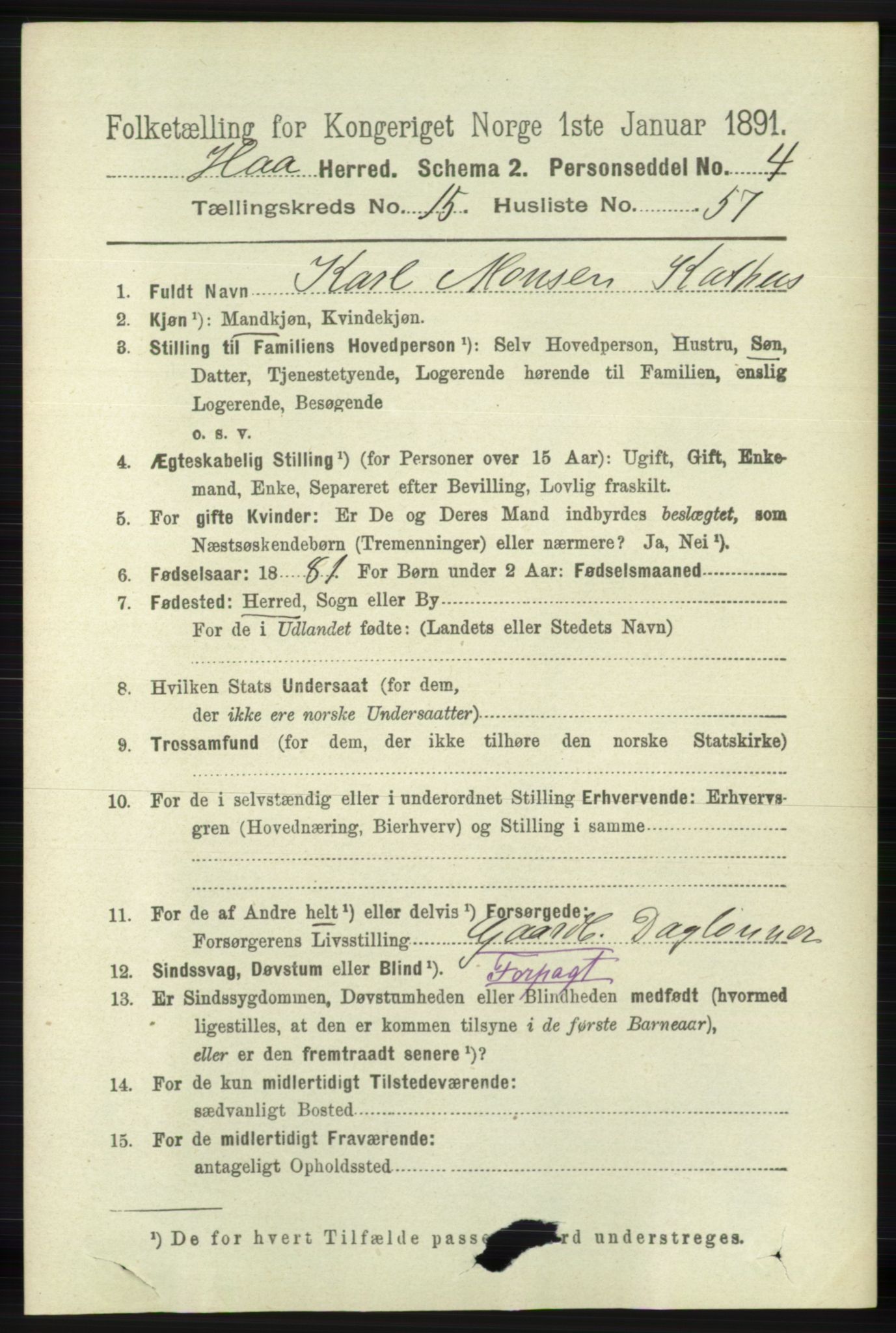 RA, 1891 census for 1119 Hå, 1891, p. 3985