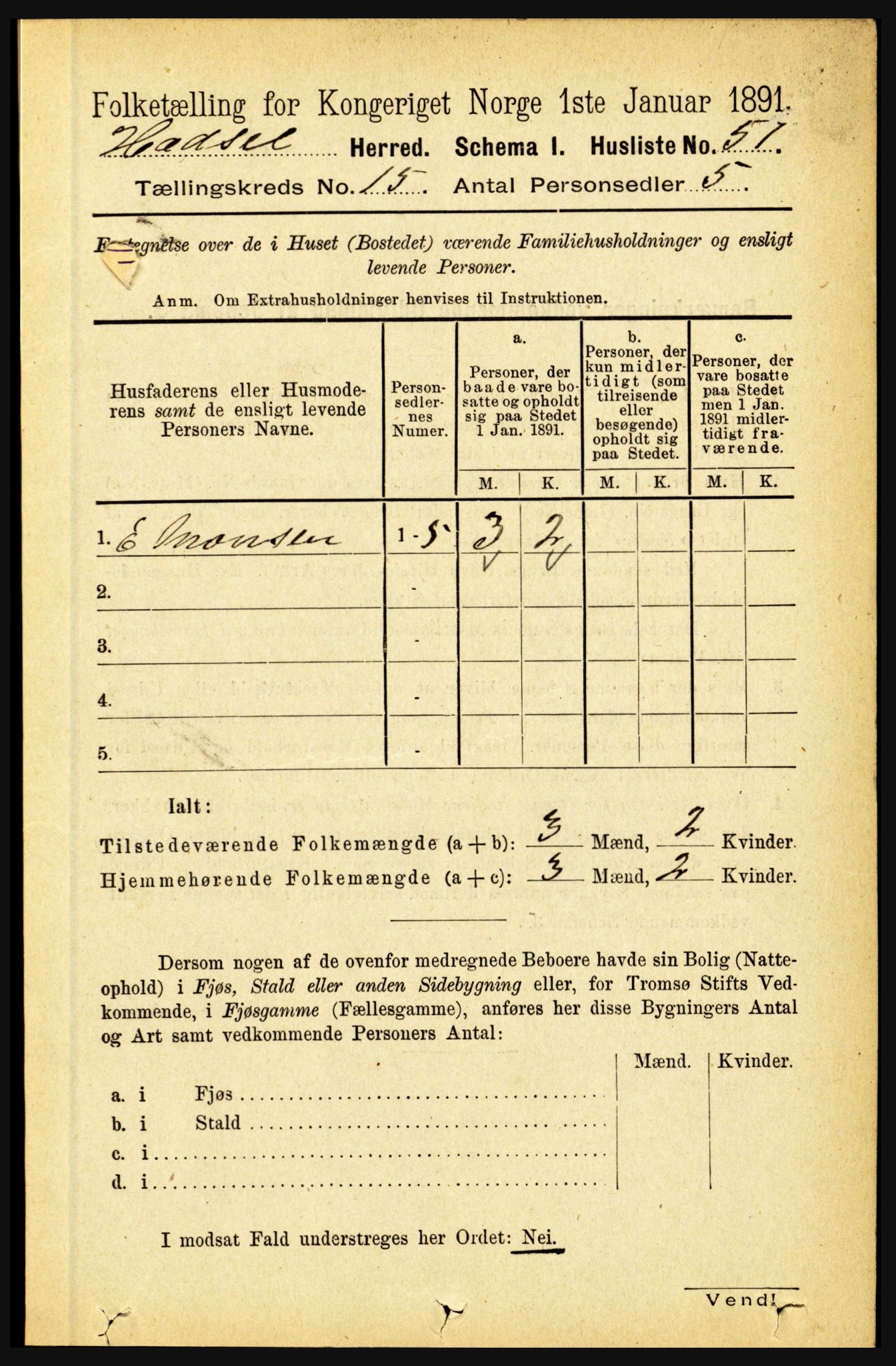 RA, 1891 census for 1866 Hadsel, 1891, p. 6814