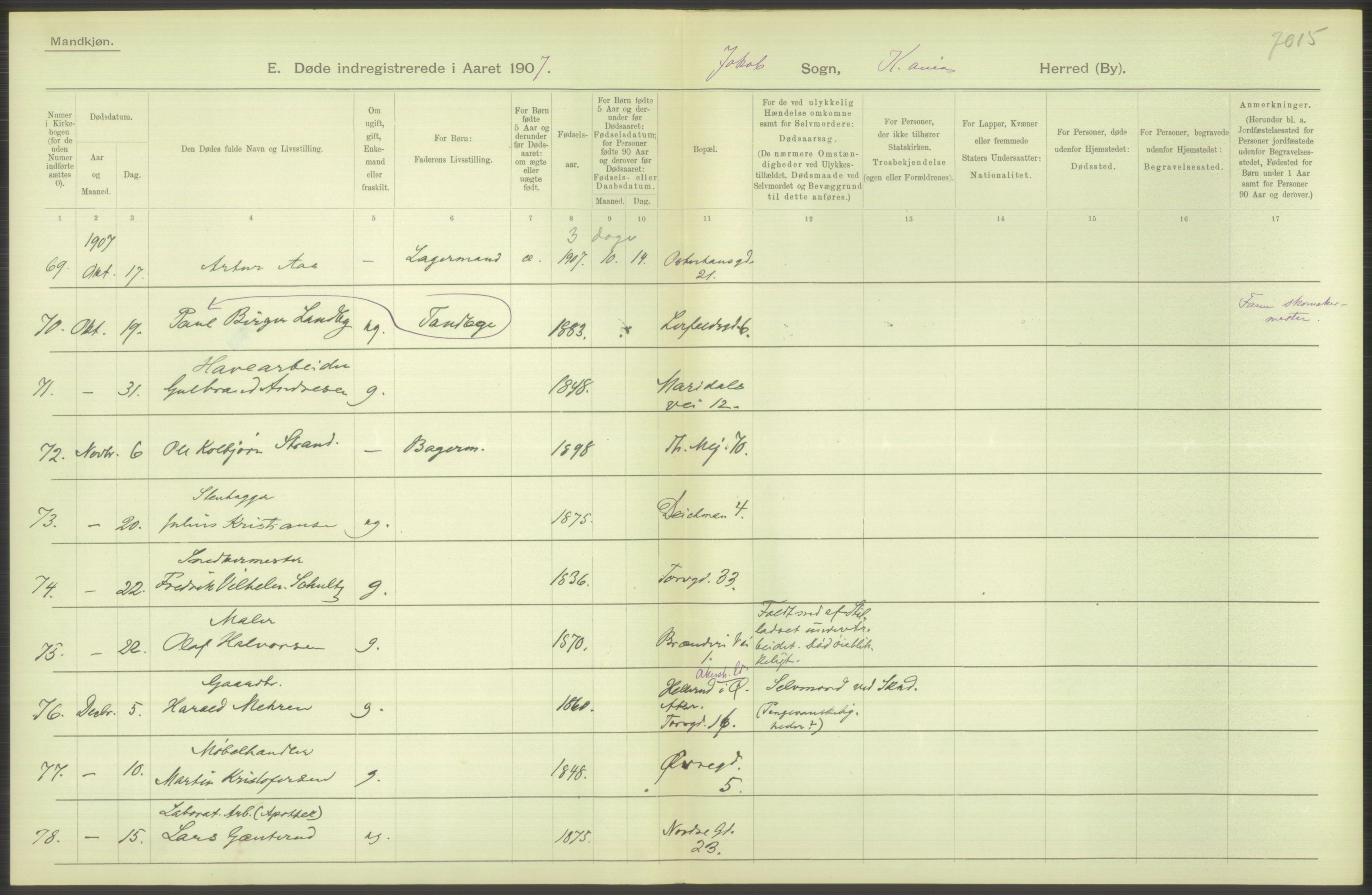 Statistisk sentralbyrå, Sosiodemografiske emner, Befolkning, RA/S-2228/D/Df/Dfa/Dfae/L0010: Kristiania: Døde, dødfødte, 1907, p. 318