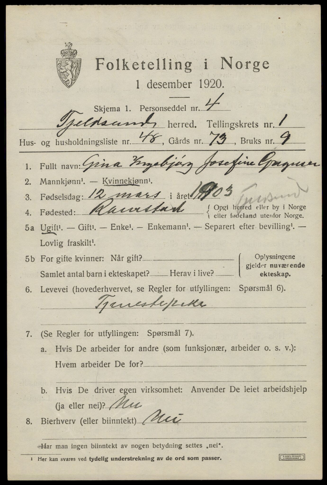 SAT, 1920 census for Tjeldsund, 1920, p. 1142