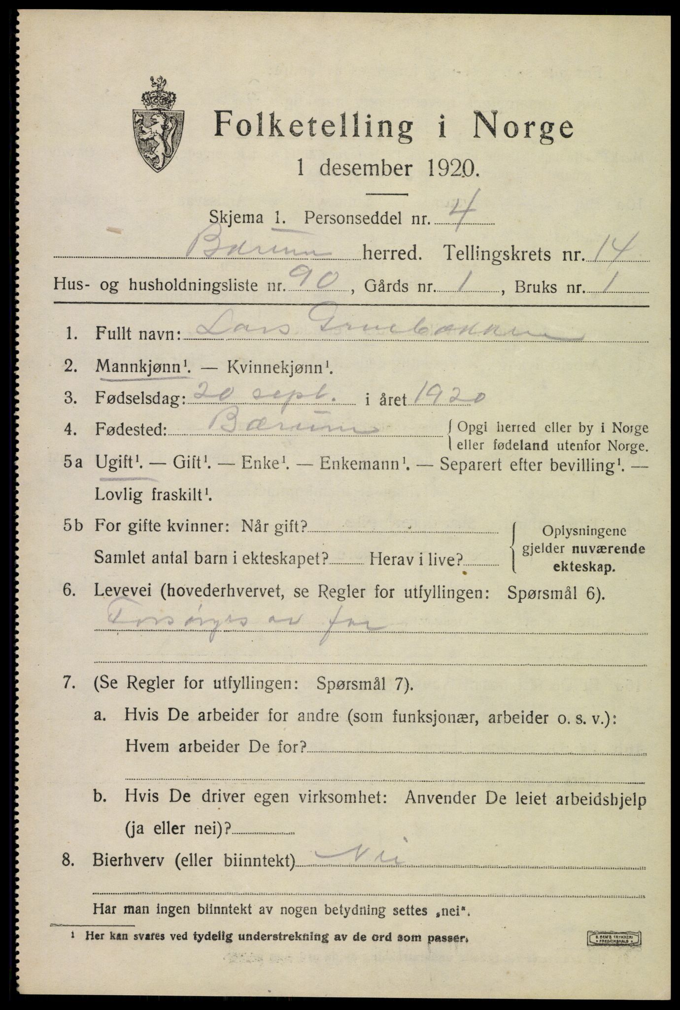 SAO, 1920 census for Bærum, 1920, p. 42274