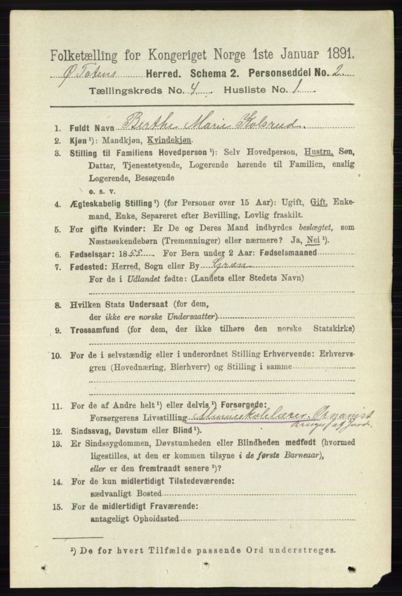 RA, 1891 census for 0528 Østre Toten, 1891, p. 2381