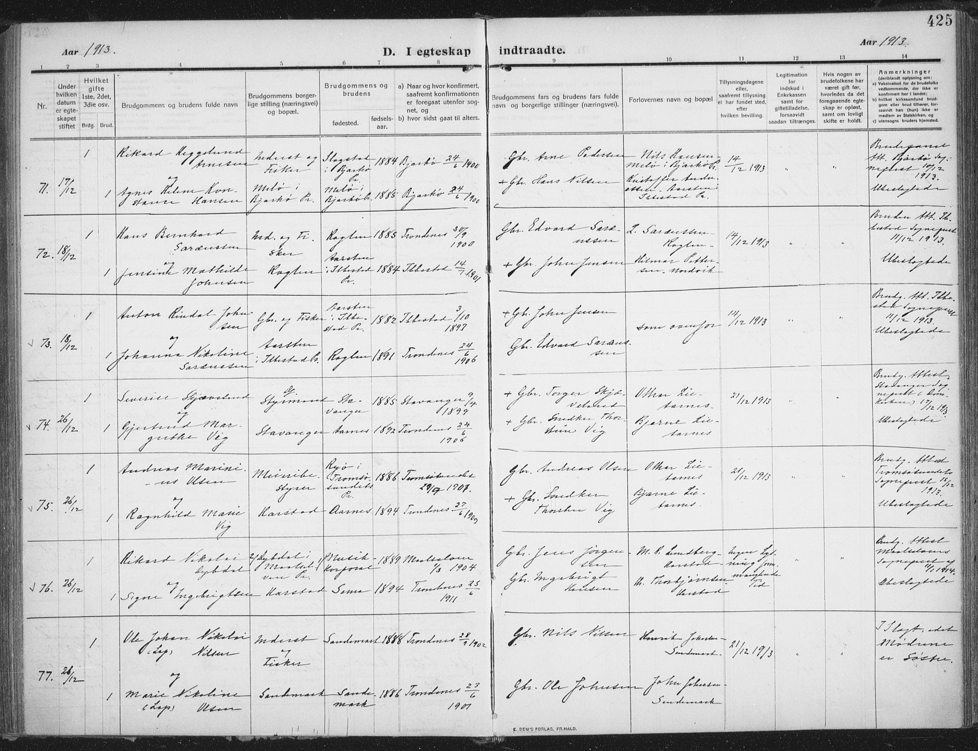 Trondenes sokneprestkontor, SATØ/S-1319/H/Ha/L0018kirke: Parish register (official) no. 18, 1909-1918, p. 425