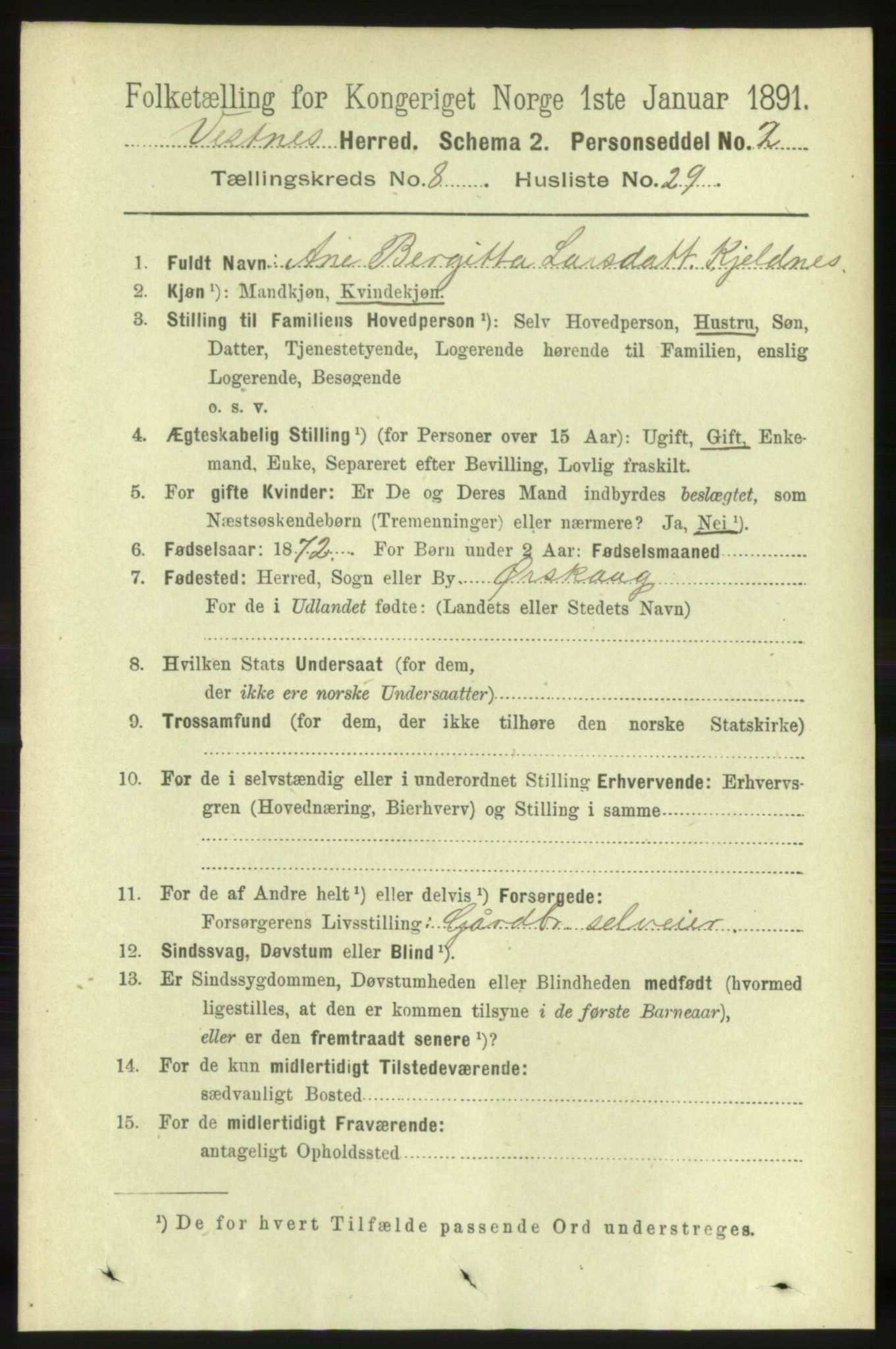 RA, 1891 census for 1535 Vestnes, 1891, p. 3309