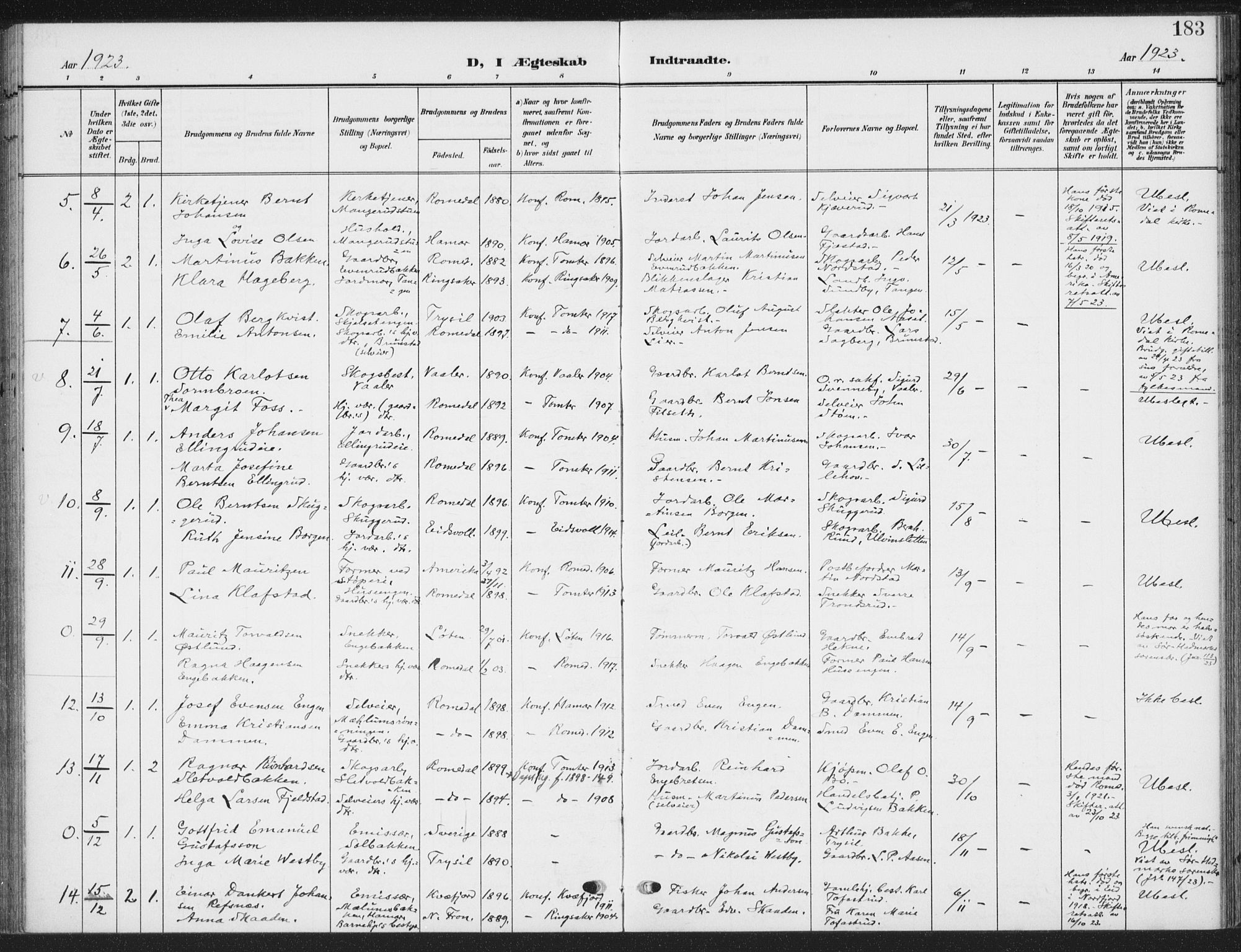 Romedal prestekontor, AV/SAH-PREST-004/K/L0009: Parish register (official) no. 9, 1906-1929, p. 183