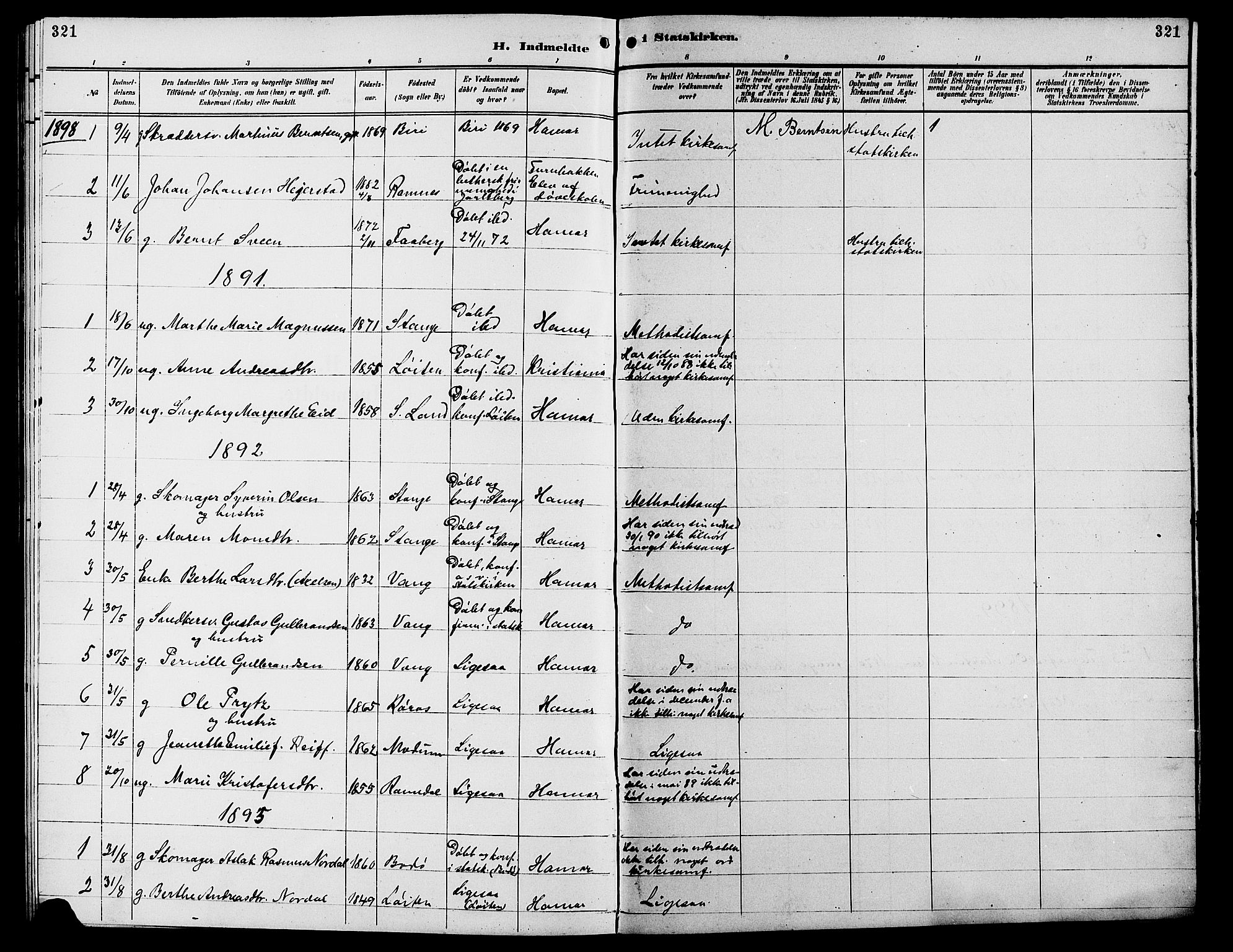 Vang prestekontor, Hedmark, SAH/PREST-008/H/Ha/Hab/L0013: Parish register (copy) no. 13, 1890-1899, p. 321
