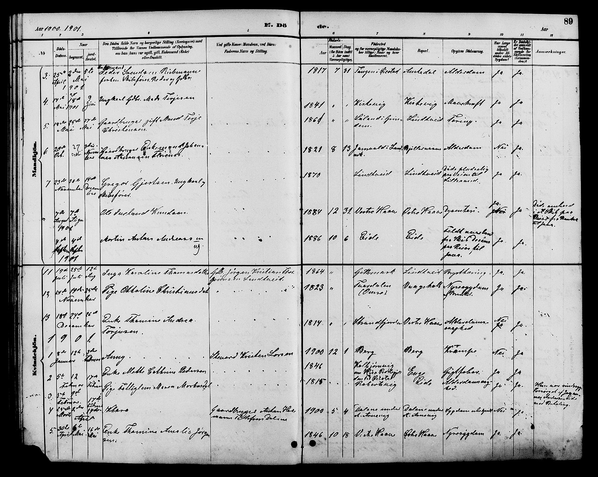 Hommedal sokneprestkontor, SAK/1111-0023/F/Fb/Fba/L0004: Parish register (copy) no. B 4, 1885-1908, p. 89