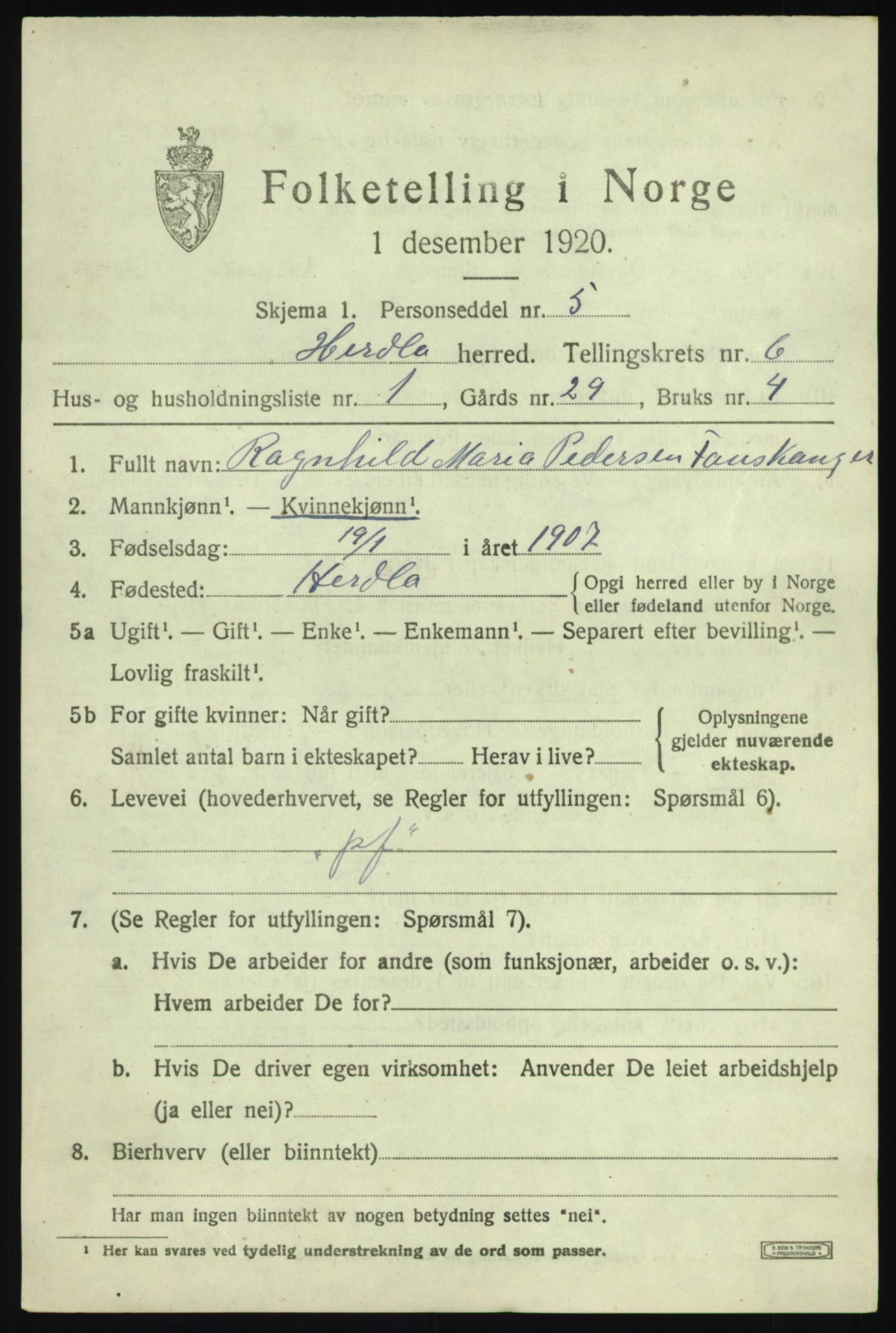 SAB, 1920 census for Herdla, 1920, p. 4367