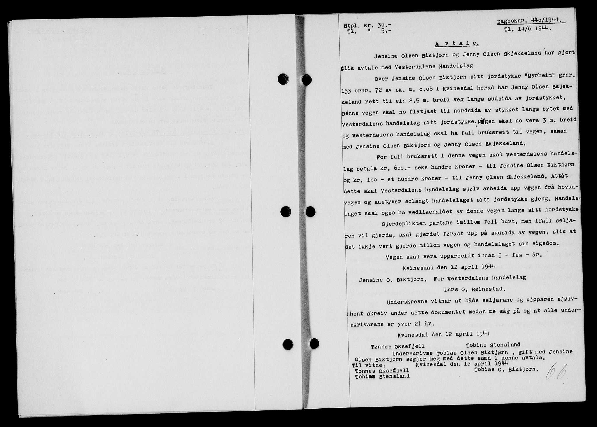 Flekkefjord sorenskriveri, SAK/1221-0001/G/Gb/Gba/L0059: Mortgage book no. A-7, 1944-1945, Diary no: : 440/1944