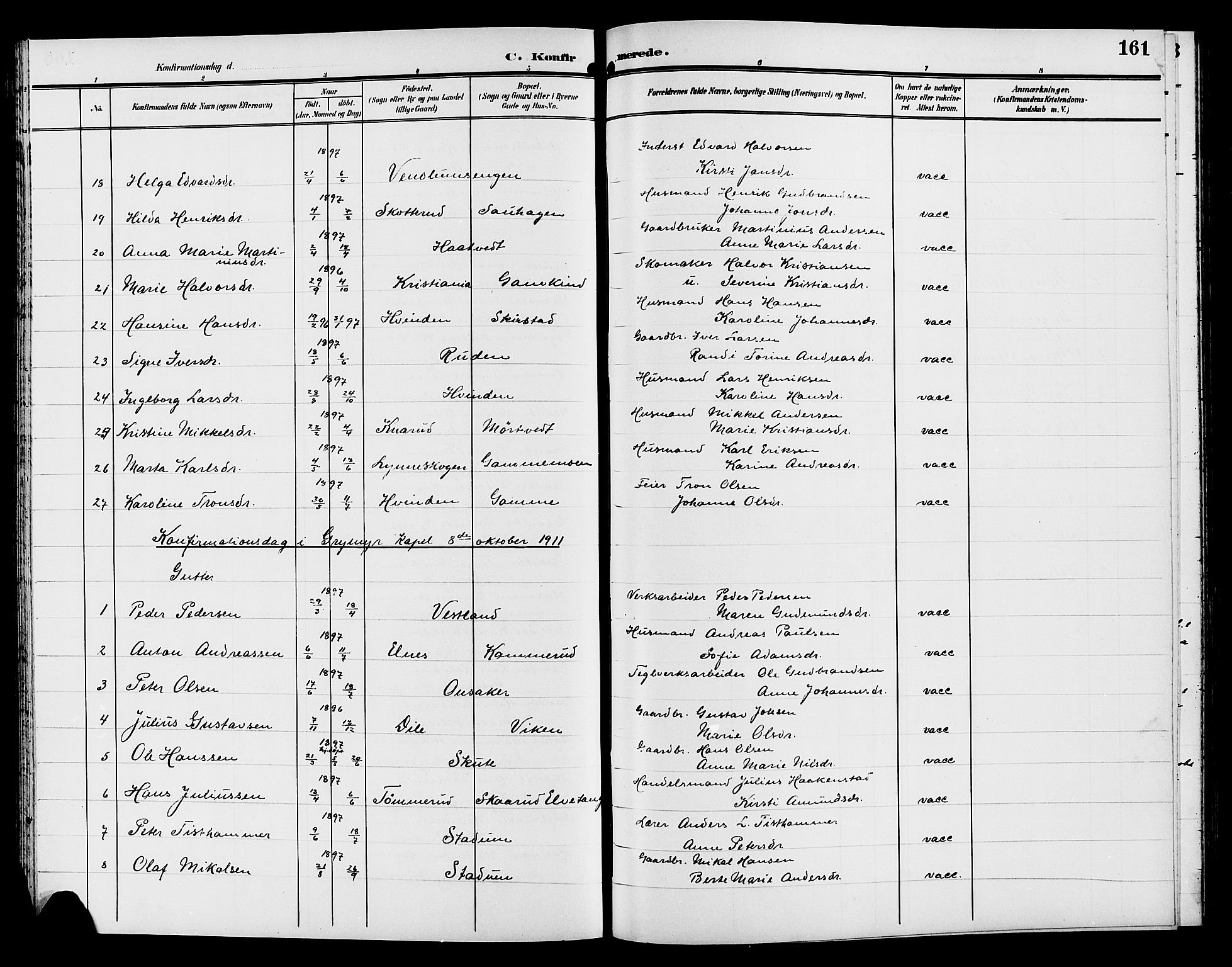 Gran prestekontor, AV/SAH-PREST-112/H/Ha/Hab/L0006: Parish register (copy) no. 6, 1901-1911, p. 161