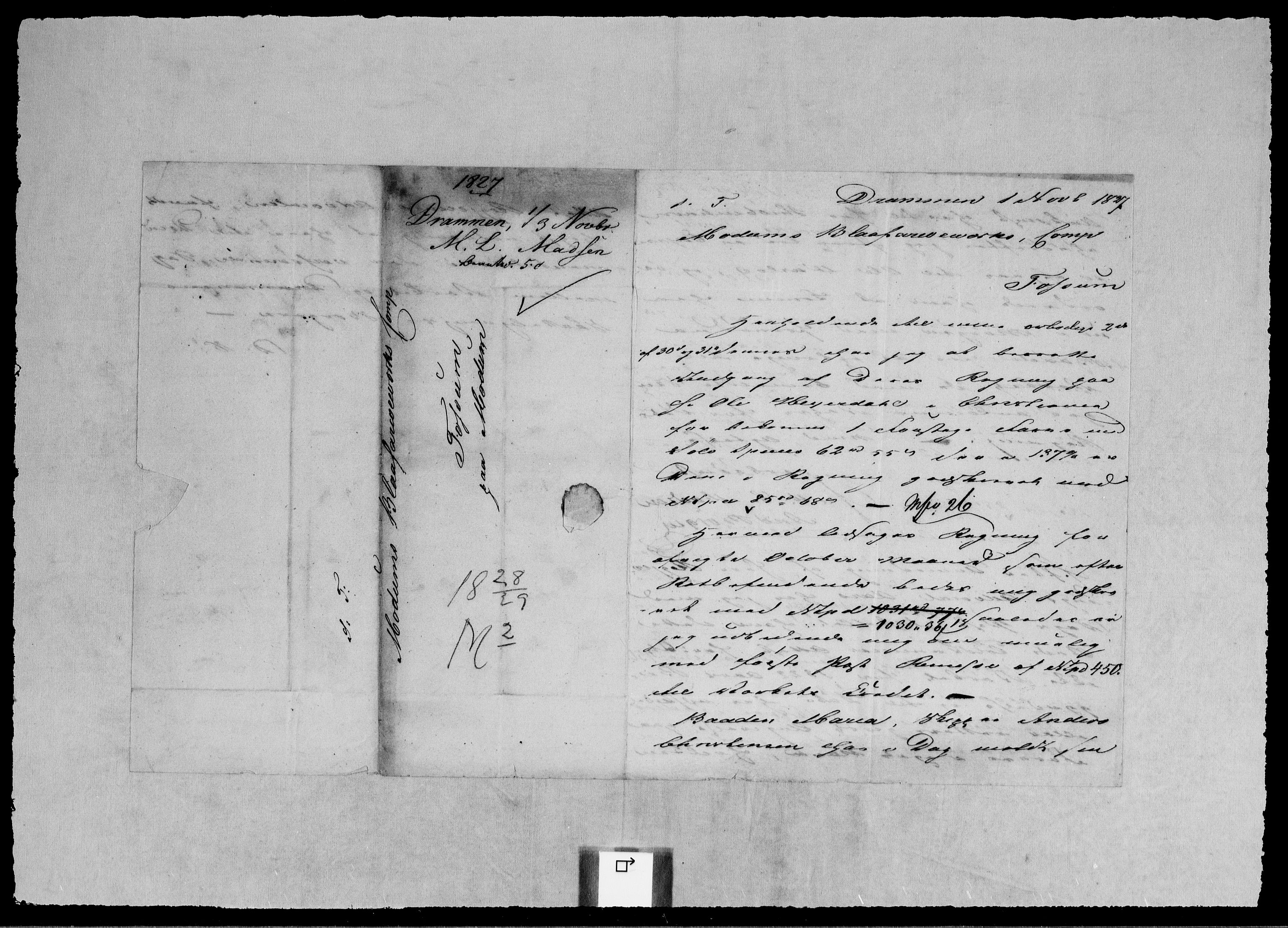 Modums Blaafarveværk, RA/PA-0157/G/Gb/L0102/0001: -- / Innkomne brev M - W, 1828-1829, p. 2