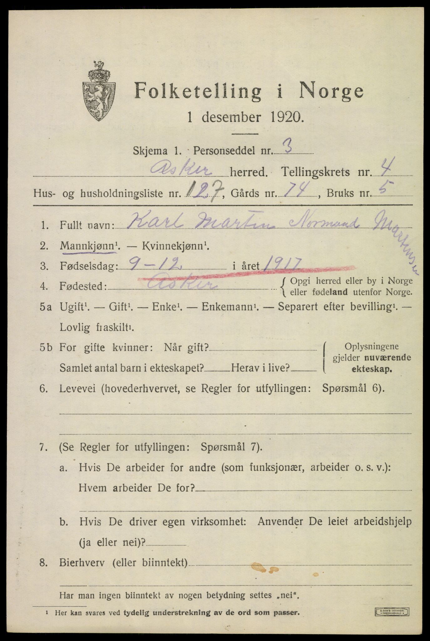 SAO, 1920 census for Asker, 1920, p. 11698