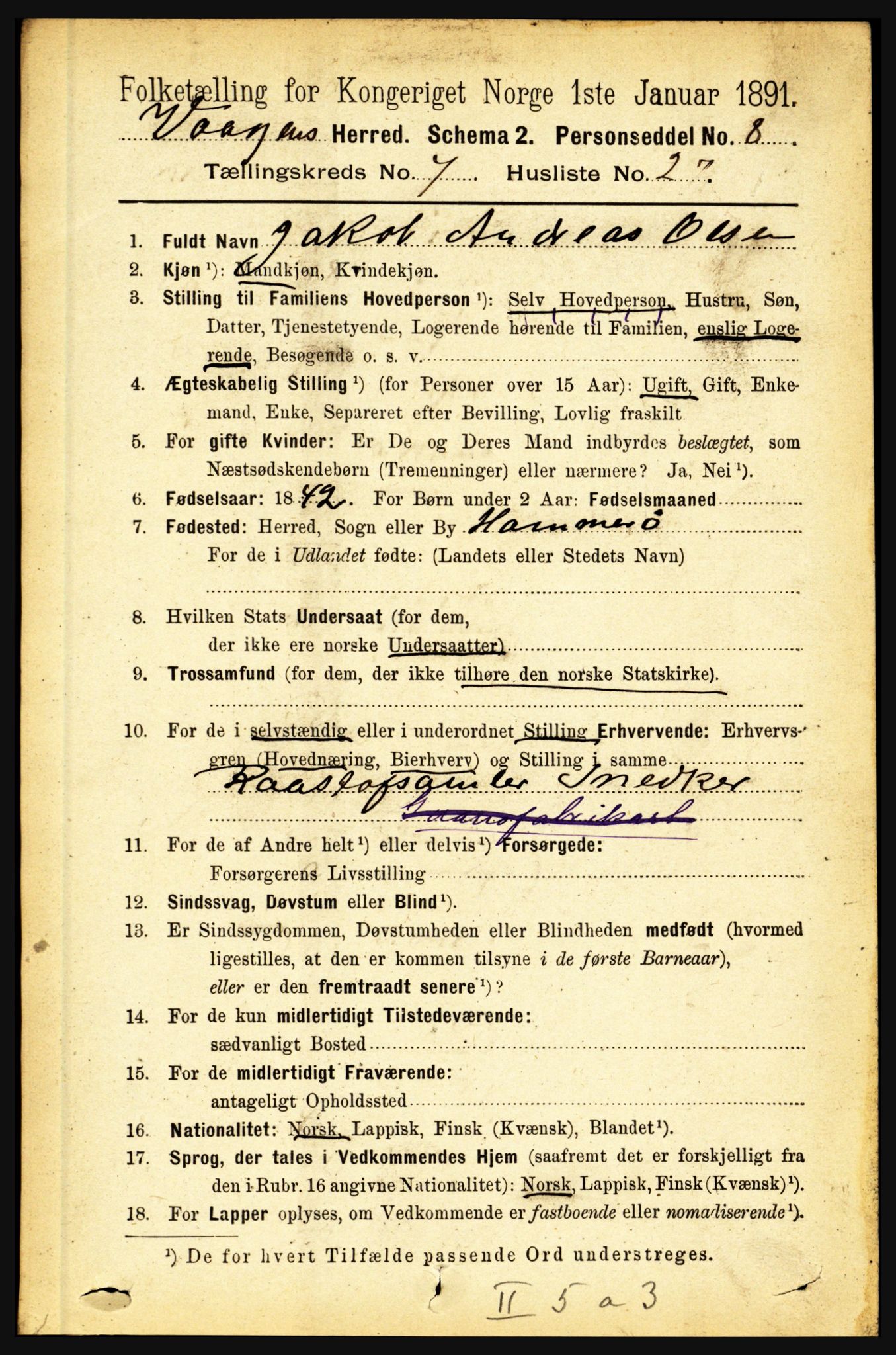RA, 1891 census for 1865 Vågan, 1891, p. 1967