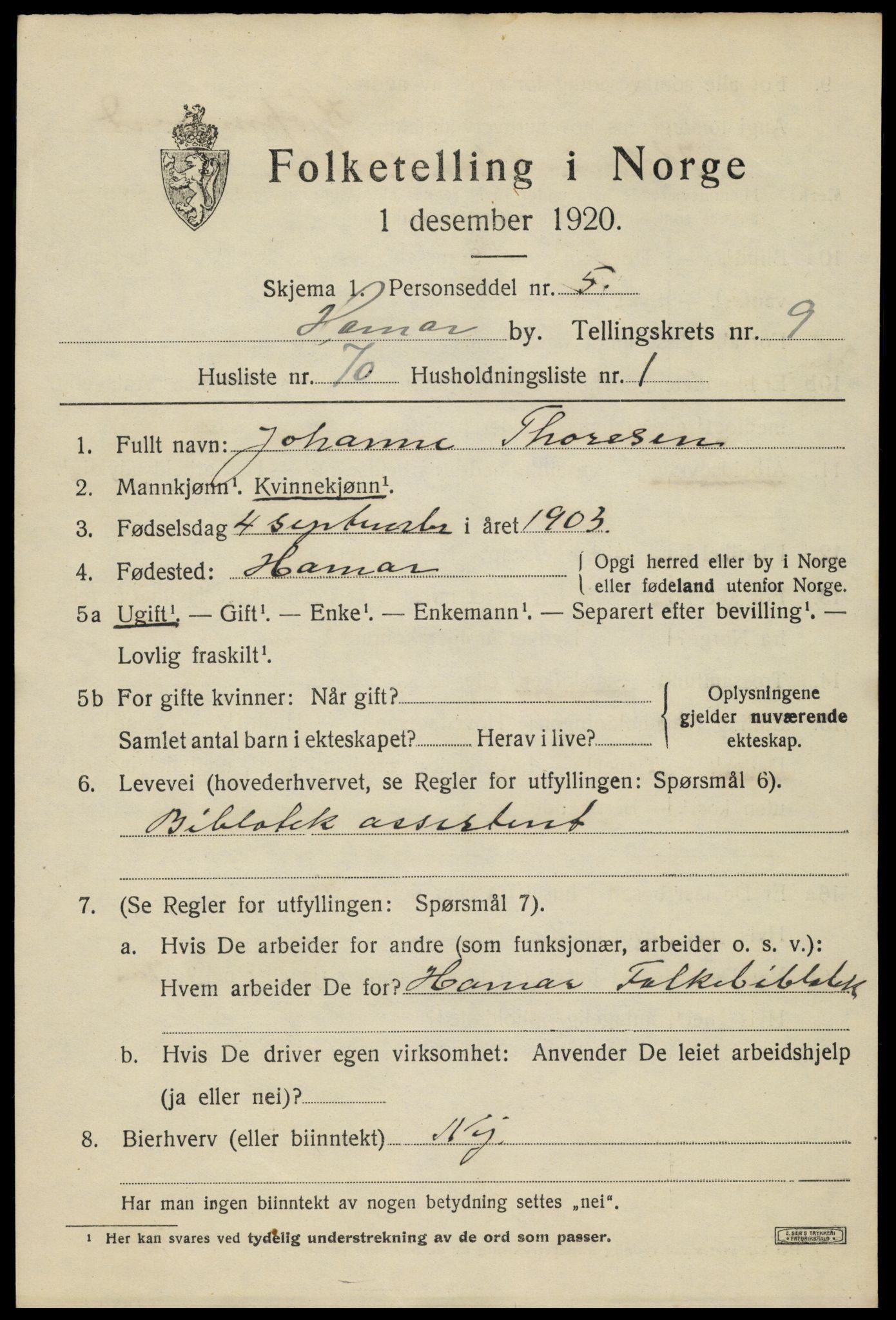 SAH, 1920 census for Hamar, 1920, p. 17525