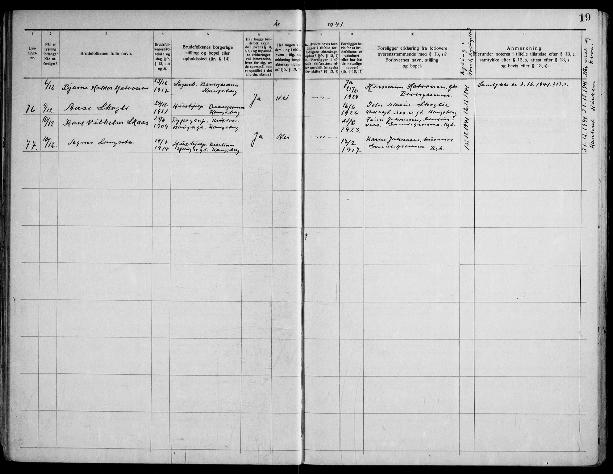 Kongsberg kirkebøker, SAKO/A-22/H/Ha/L0002: Banns register no. 2, 1939-1955, p. 19