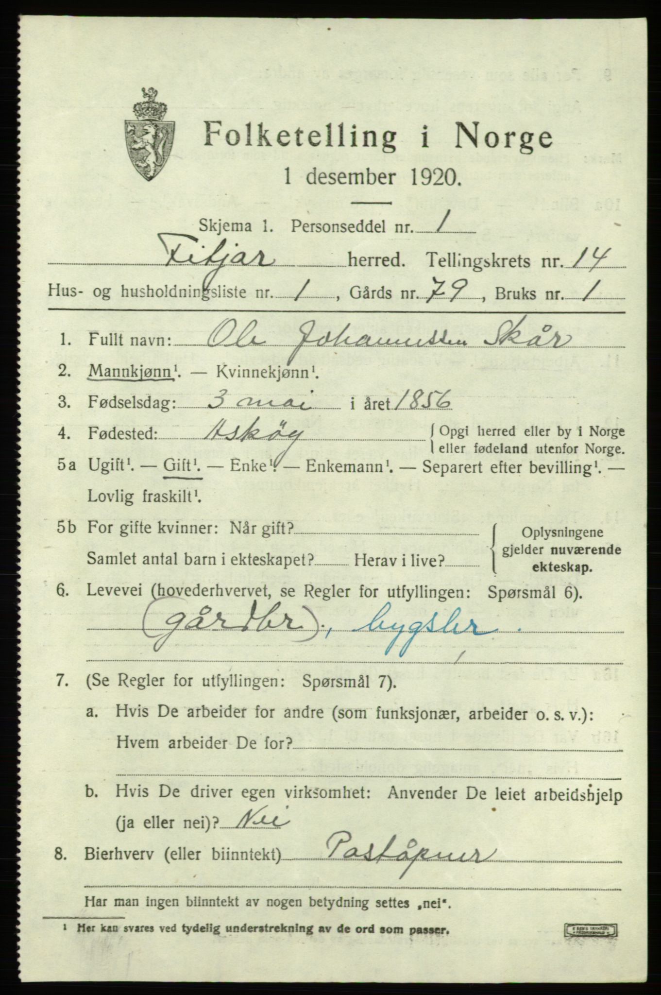 SAB, 1920 census for Fitjar, 1920, p. 5714