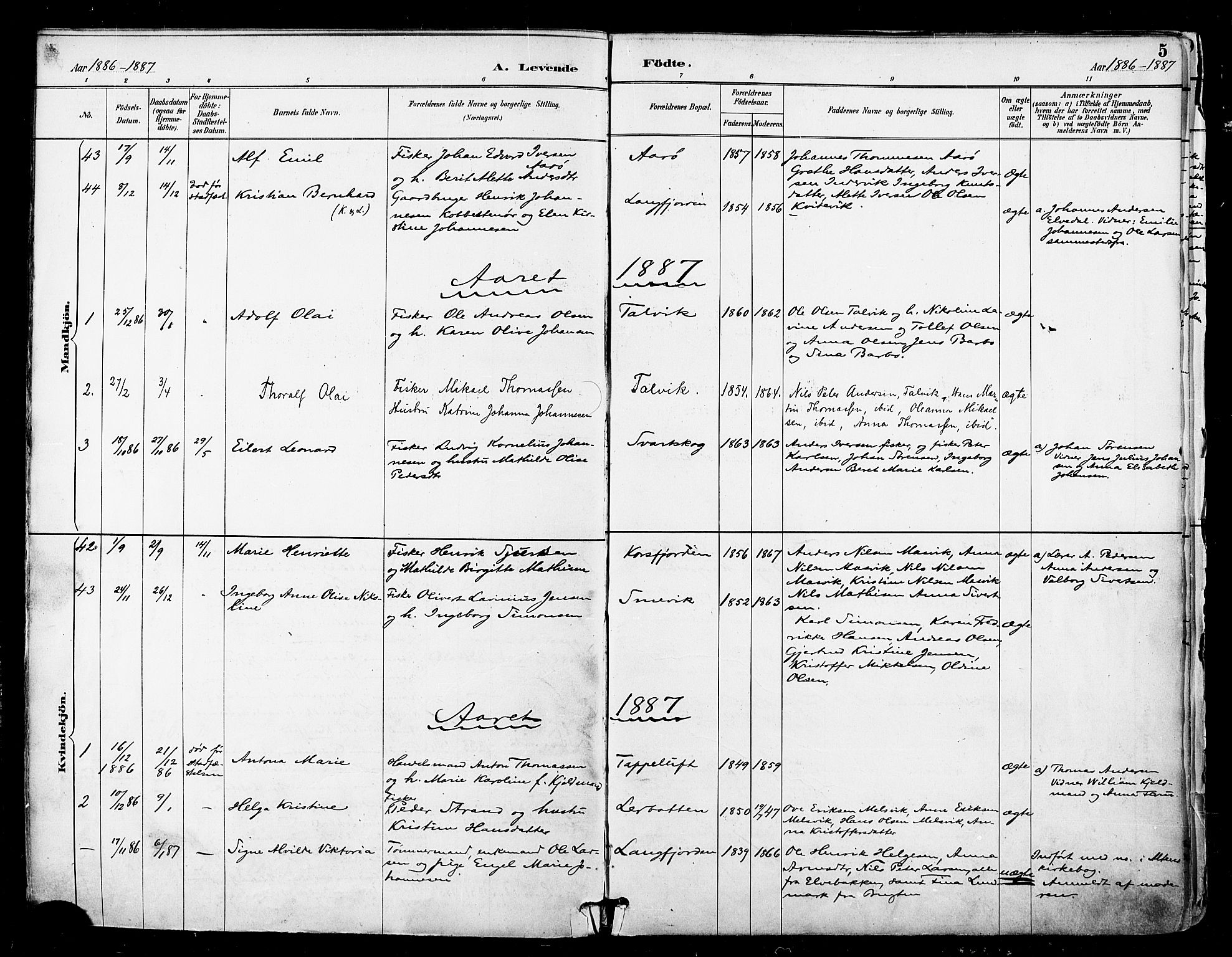 Talvik sokneprestkontor, AV/SATØ-S-1337/H/Ha/L0013kirke: Parish register (official) no. 13, 1886-1897, p. 5