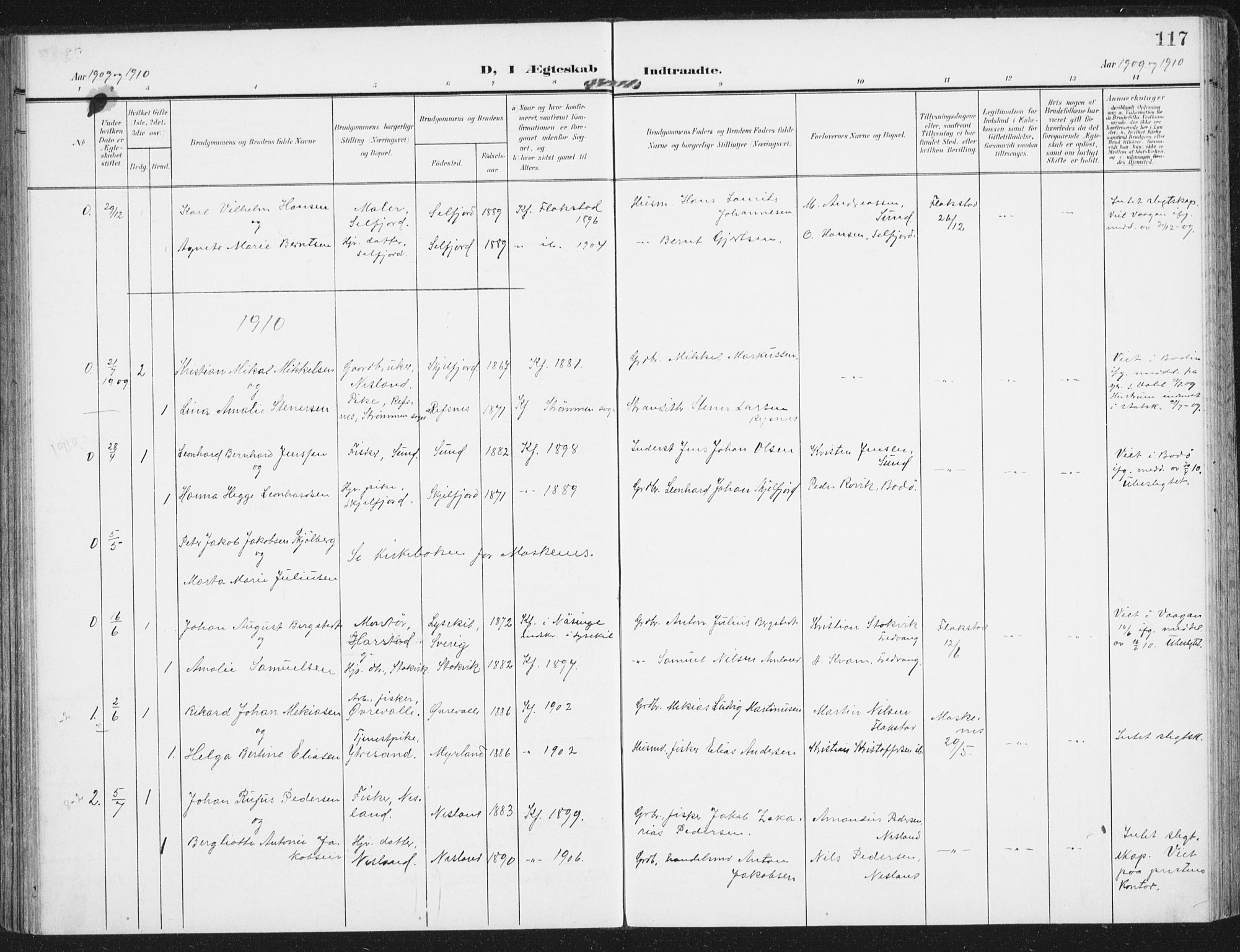 Ministerialprotokoller, klokkerbøker og fødselsregistre - Nordland, SAT/A-1459/885/L1206: Parish register (official) no. 885A07, 1905-1915, p. 117