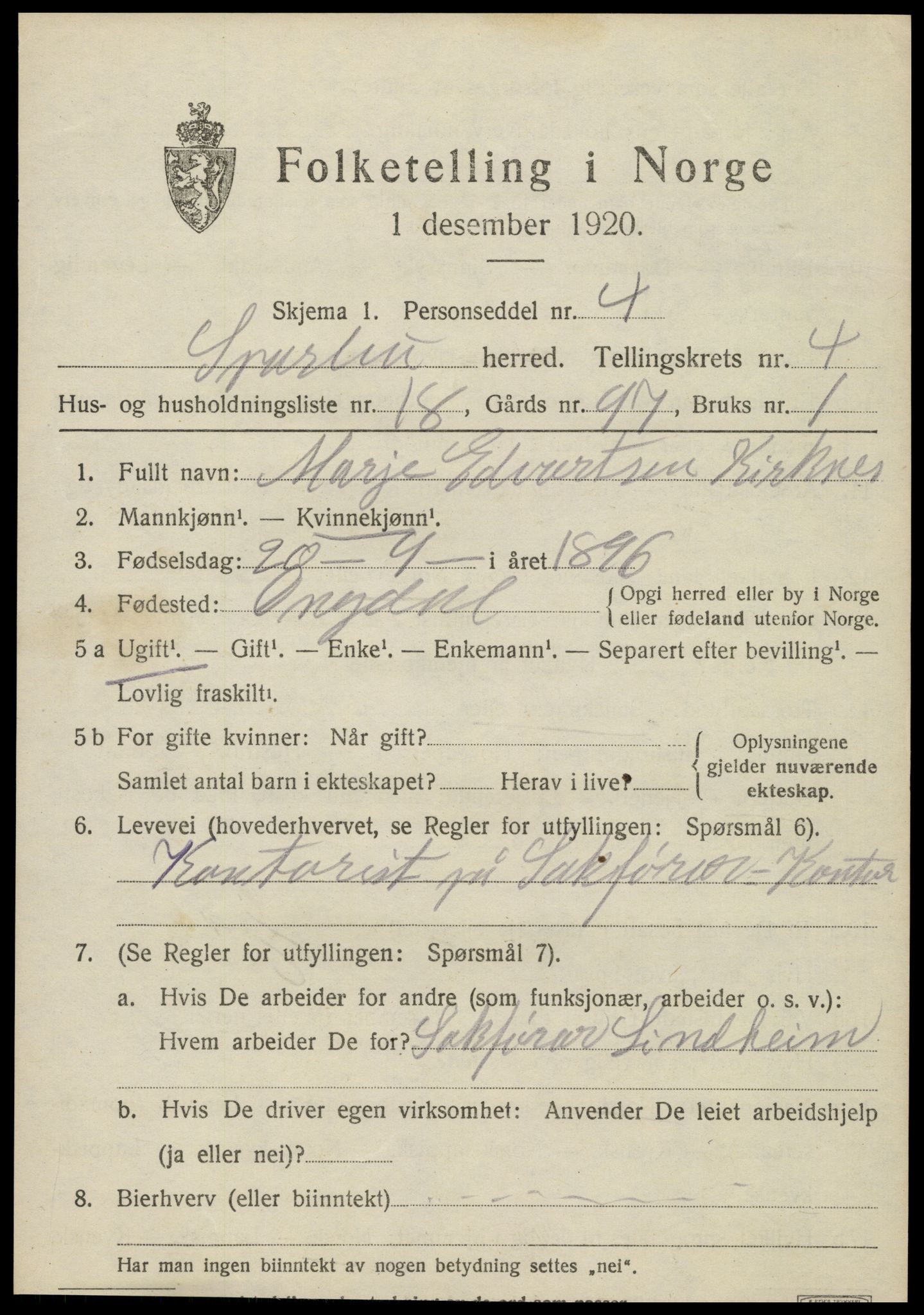 SAT, 1920 census for Sparbu, 1920, p. 5377